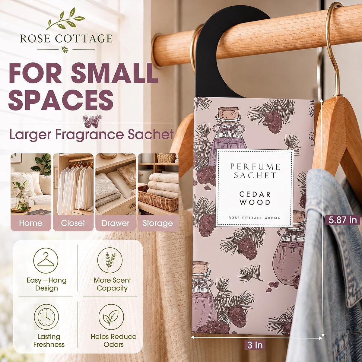 ROSE COTTAGE Large 12 Packs Cedar Wood Hanging Closet Deodorizer Air Freshener Long Lasting Scented Sachets Smell Goods for