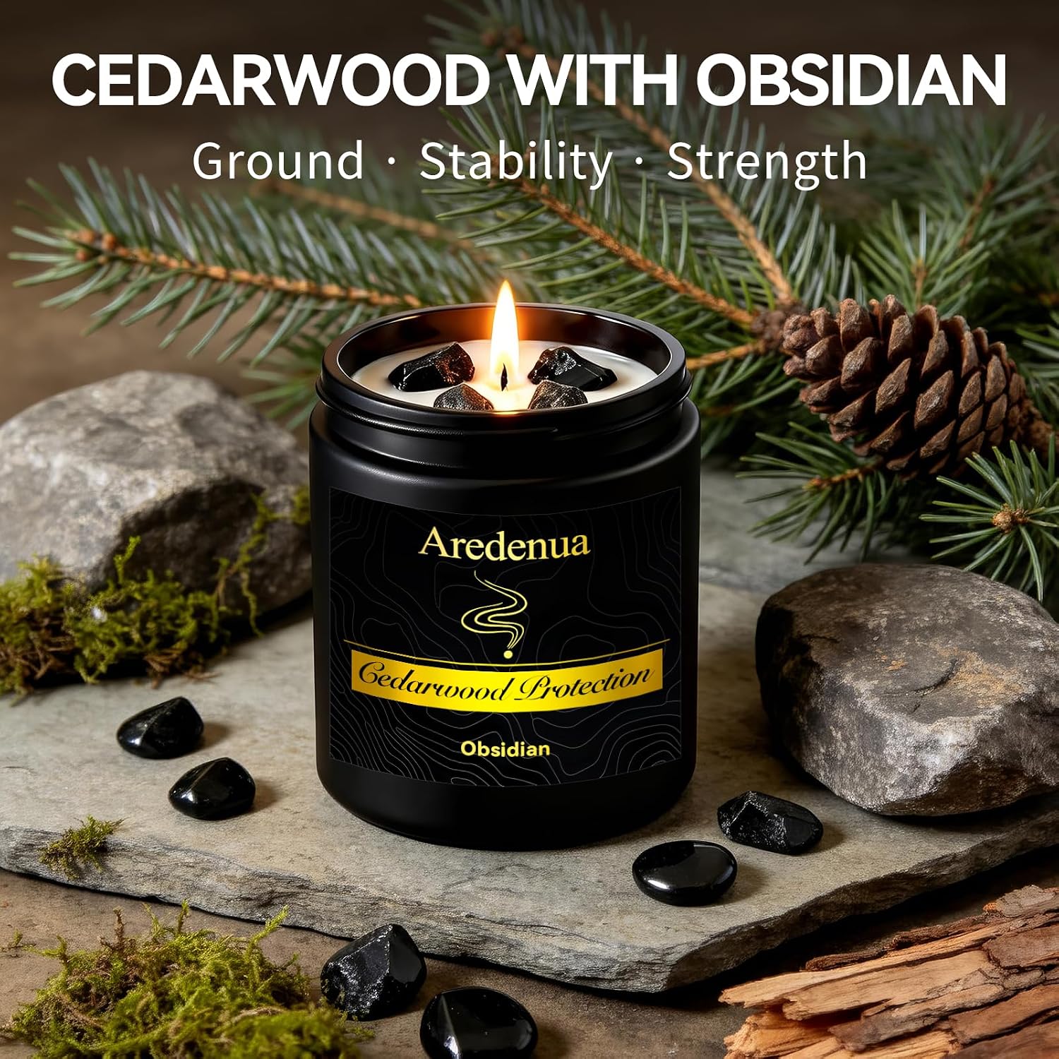 Scented Candle with Crystal for Emotional Protection and Grounding - Cedarwood Aromatherapy Candle with Obsidian Healing Crystals, Natural Soy Wax 7oz, Strength Gift for Women Men