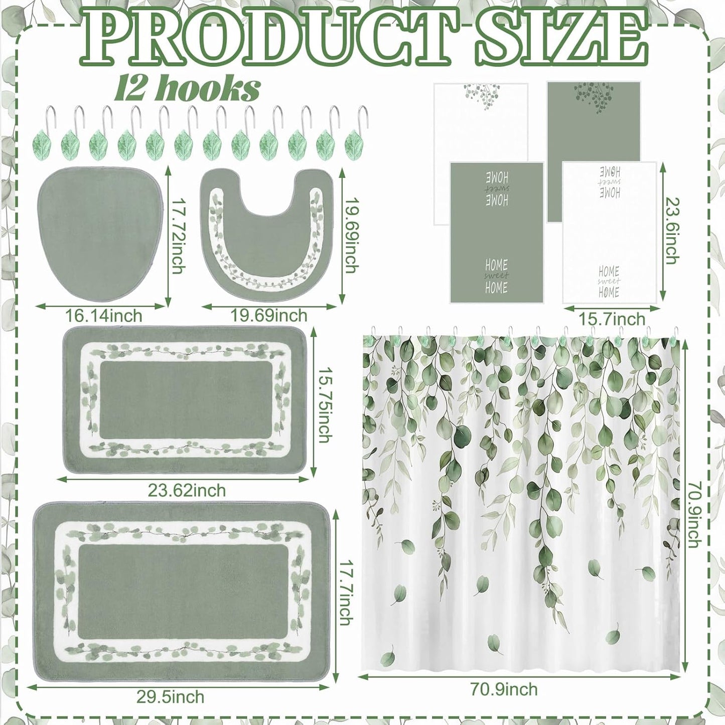 Peryiter 21 Pcs Sage Green Bathroom Set Eucalyptus Leaves Shower Curtain with 12 Leaf Hooks, 4 Sage Green Bath Towels 2 Non-Slip Rugs U-Shaped Toilet Mat & Cover Eucalyptus Decor for Bathroom