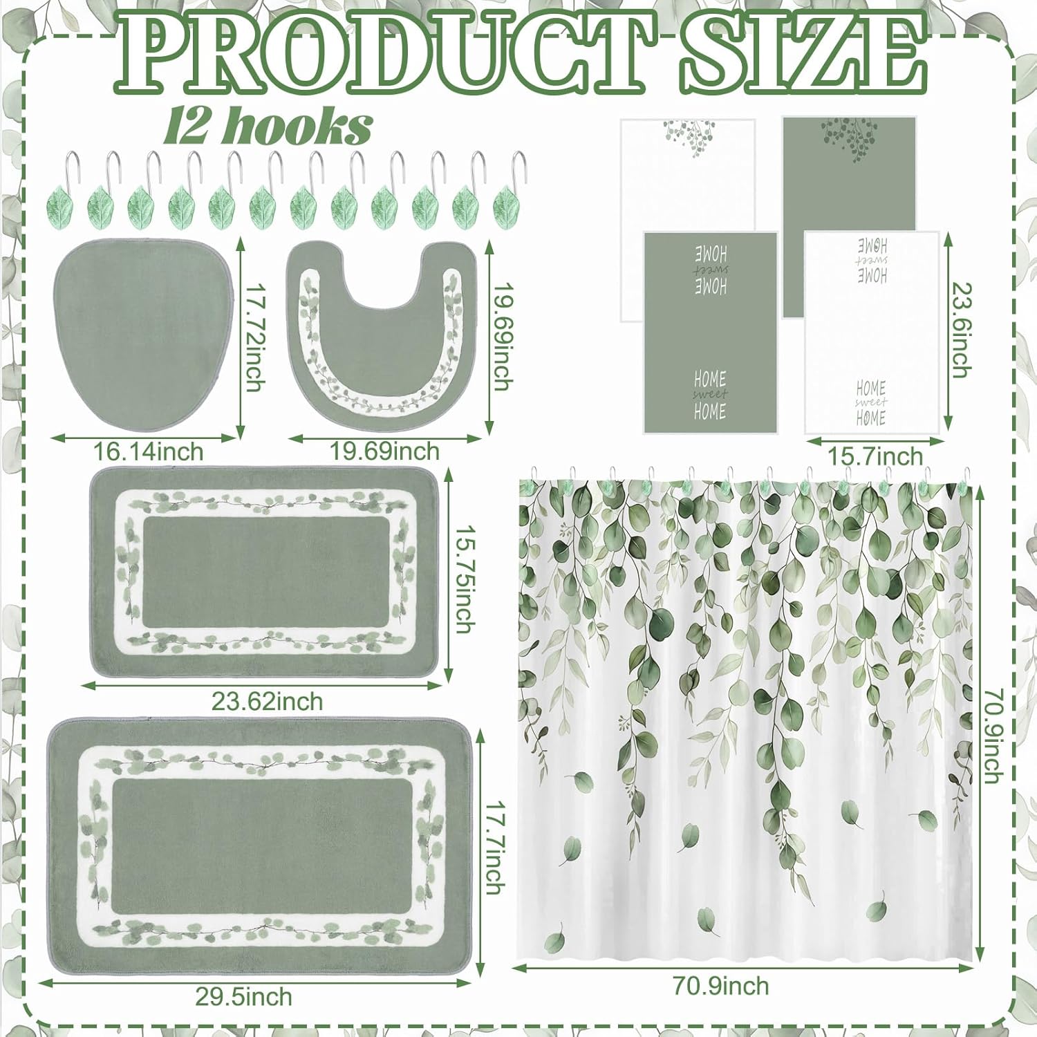 Peryiter 21 Pcs Sage Green Bathroom Set Eucalyptus Leaves Shower Curtain with 12 Leaf Hooks, 4 Sage Green Bath Towels 2 Non-Slip Rugs U-Shaped Toilet Mat & Cover Eucalyptus Decor for Bathroom