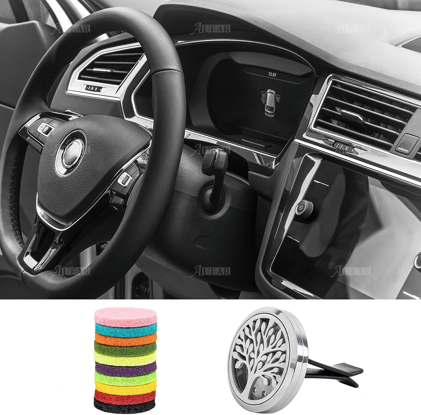 AUEAR, Tree of Life Car Diffuser Vent Clips Aromatherapy Essential Oil Diffusers 30mm Stainless Steel Lockets with 10 Felt Refill Pads