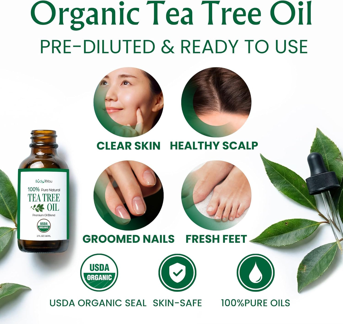 BodyJ4You Tea Tree Oil for Skin Hair - USDA Organic Essential Oils Pre-Diluted MCT - Melaleuca Face Scalp Nails Feet Toenail Cuticle - Pure Natural Topical Ready to Use Vegan Hexane Free - 2 Fl Oz