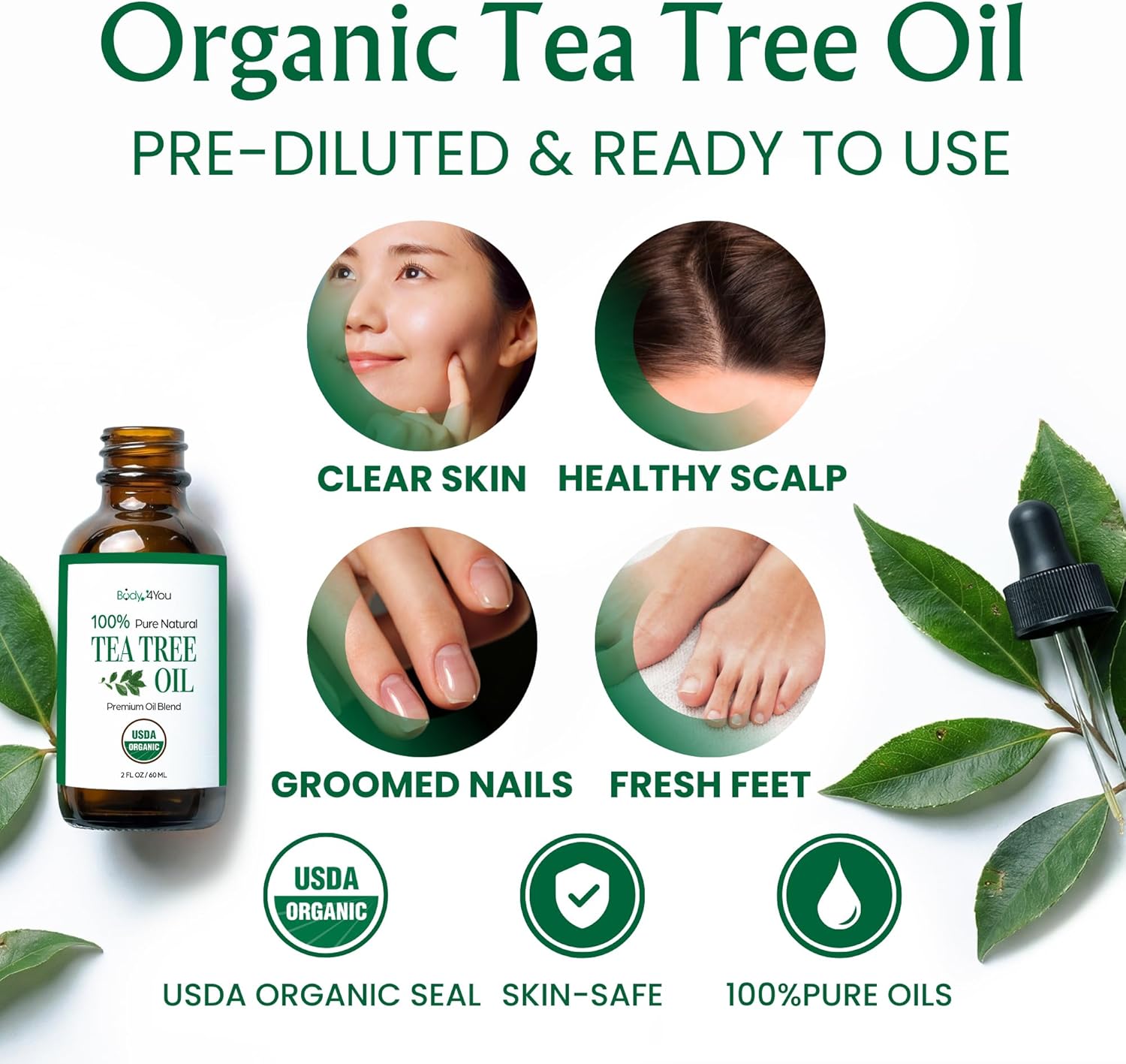 BodyJ4You Tea Tree Oil for Skin Hair - USDA Organic Essential Oils Pre-Diluted MCT - Melaleuca Face Scalp Nails Feet Toenail Cuticle - Pure Natural Topical Ready to Use Vegan Hexane Free - 2 Fl Oz