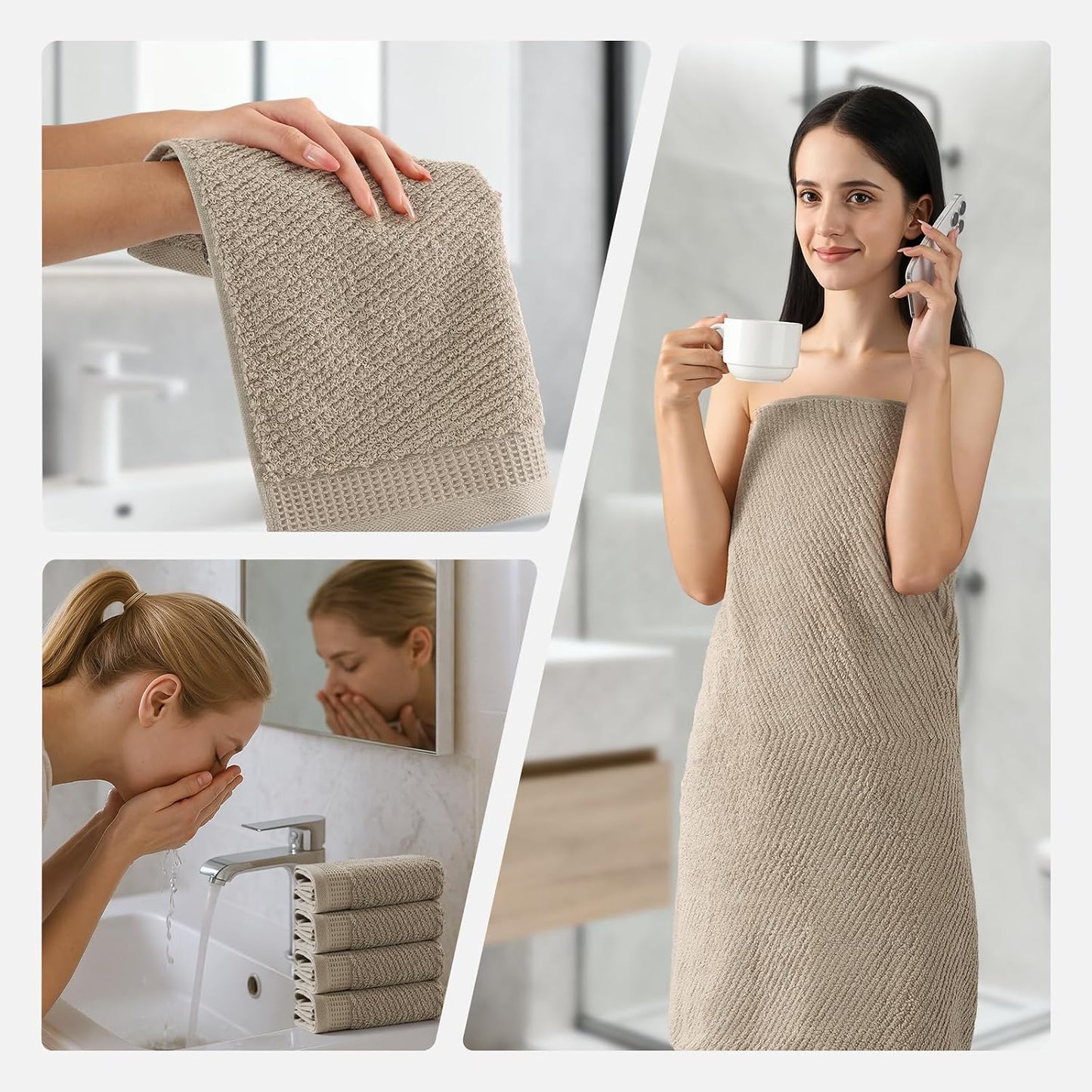 REDKISS 8-Piece Premium Towel Set, 2 Bath Towels, 2 Hand Towels, 4 Washcloths, 100% Cotton, Quick Dry, Highly Absorbent Towels for Bathroom, Gym, Hotel, Spa, Dark Coffee