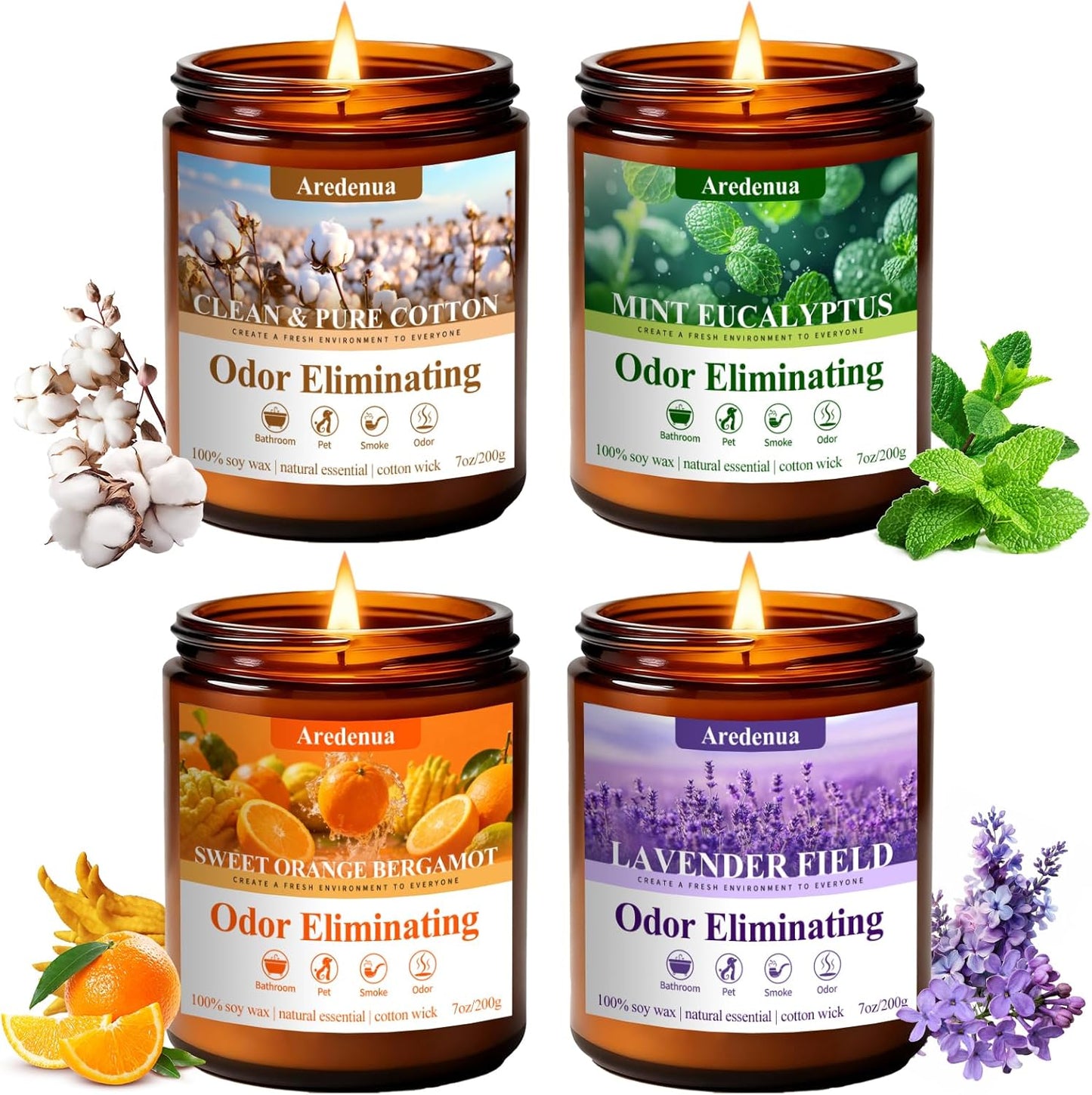 4 Pack Odor Eliminating Candles Set - Eliminates 95% of Pet, Smoke, Food & Other Smells - Air Freshing Scent of Orange/Mint/Lavender/Cotton - Up to 200 Hour Burn time - 28 oz Natural Soy Wax
