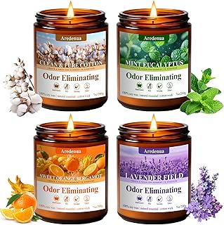 4 Pack Odor Eliminating Candles Set - Eliminates 95% of Pet, Smoke, Food & Other Smells - Air Freshing Scent of Orange/Mint/Lavender/Cotton - Up to 200 Hour Burn time - 28 oz Natural Soy Wax