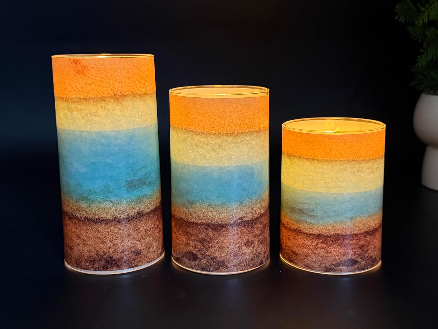 Tujoe 3 Pcs Summer Ocean Flameless Candles Teal Beach LED Battery Pillar Candles Set Battery Operated Coastal Nautical Decorations Flickering Gifts with Remote Decorations for Holiday