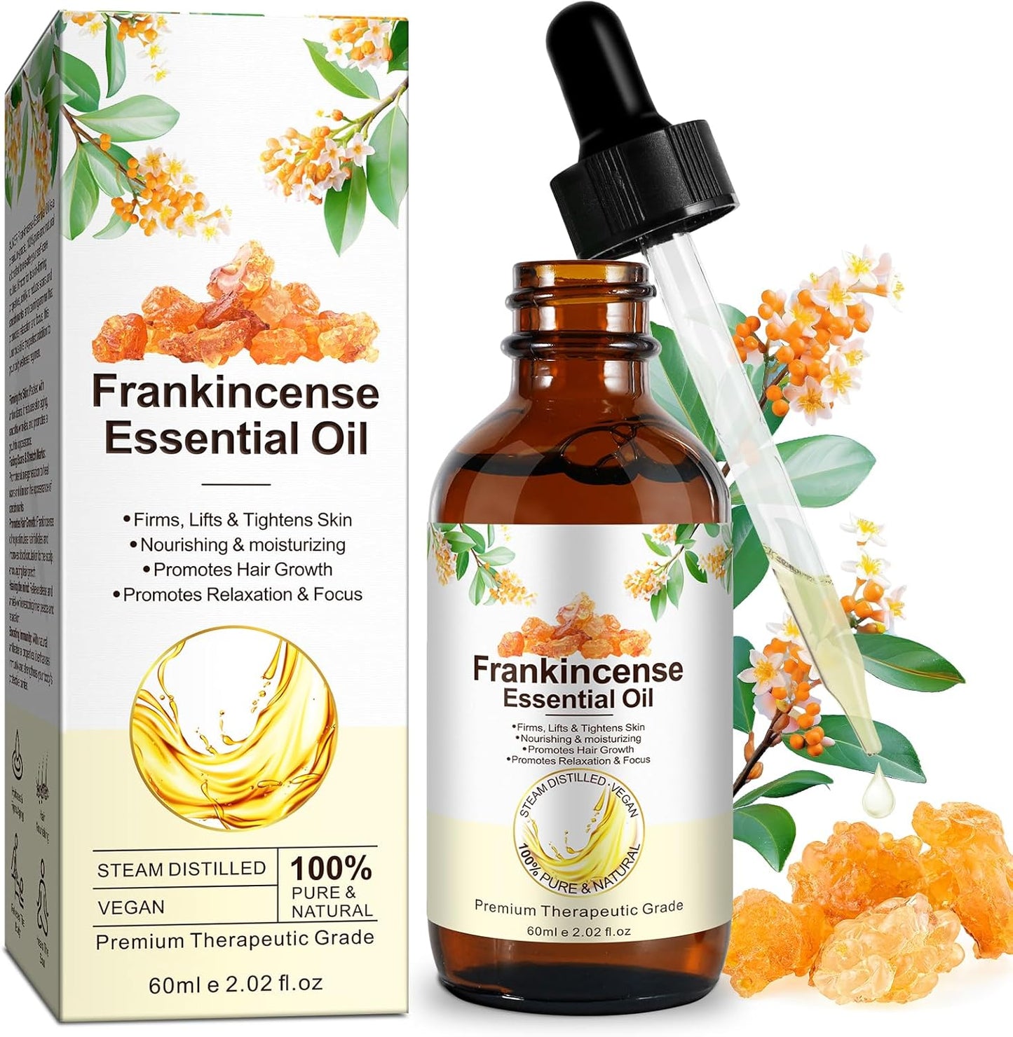 Pure Frankincense Essential Oil 60ml - 100% Natural Therapeutic Grade for Skin Care, Aromatherapy & Relaxation | Anti-Aging Facial Oil | Boswellia Serrata Extract for Face & Hair