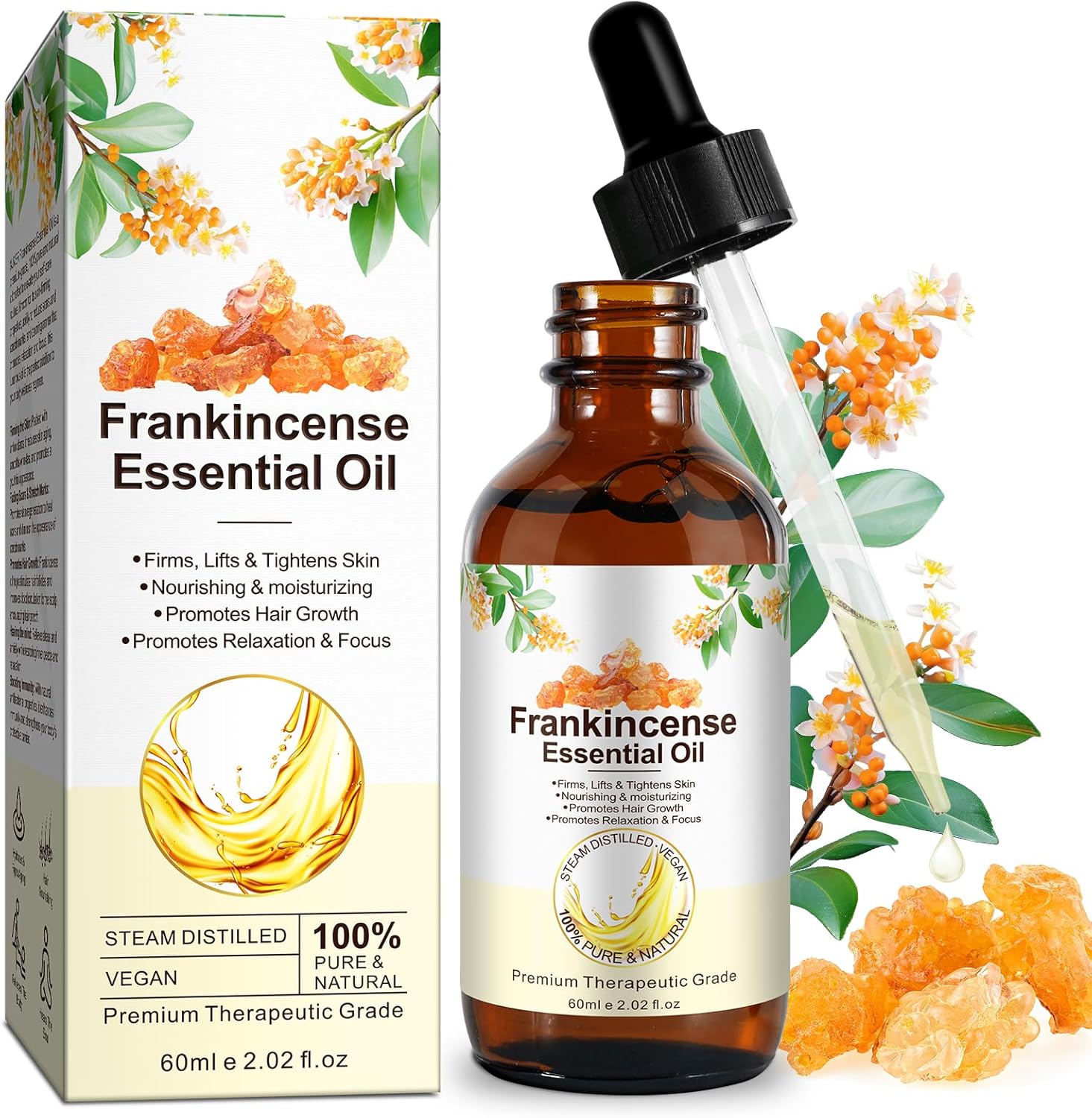 Pure Frankincense Essential Oil 60ml - 100% Natural Therapeutic Grade for Skin Care, Aromatherapy & Relaxation | Anti-Aging Facial Oil | Boswellia Serrata Extract for Face & Hair