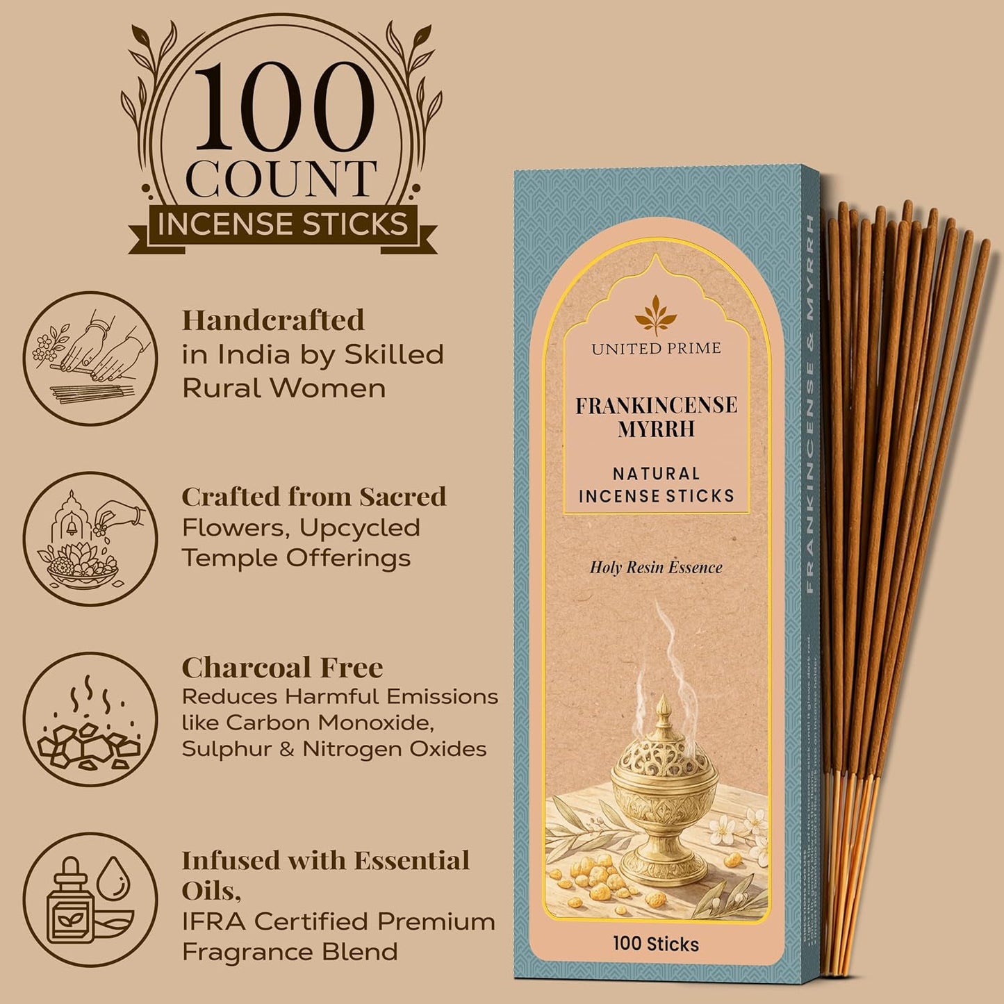 Pure Frankincense & Myrrh Incense, 100 Insence Sticks, No Charcoal Clean Burning Stick Inscent, 100% Natural Organic Non Toxic, Sustainably Harvested, Spiritual Healing Positive Vibes Incense