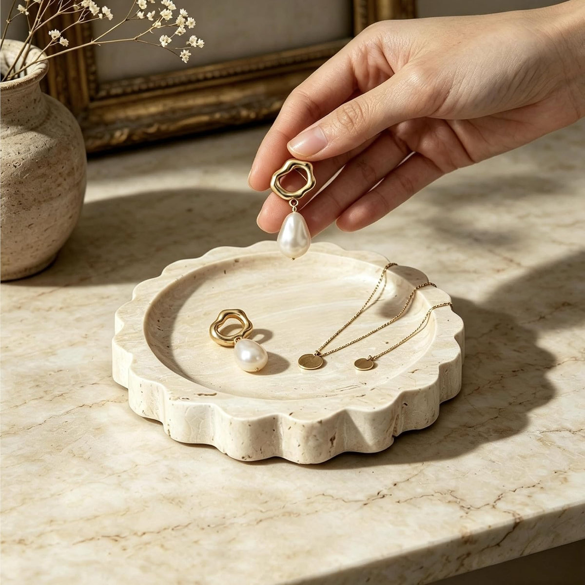 5.5 Inch Small Scallop Edge Tray, Hand-Carved Natural Stone Jewelry Holder, Travertine &amp; Marble Vanity Tray for Rings, Candles, or Keys (Travertine)