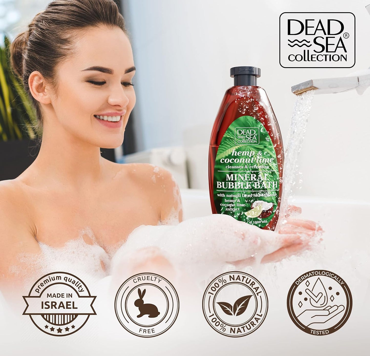 Dead Sea Collection Bubble Bath with Hemp & Coconut Lime for Women and Men – Pure Dead Sea Minerals - Relaxing Foaming Bath - Nourishing and Moisturizes Skin - Pack of 2 (67.6 fl.oz)