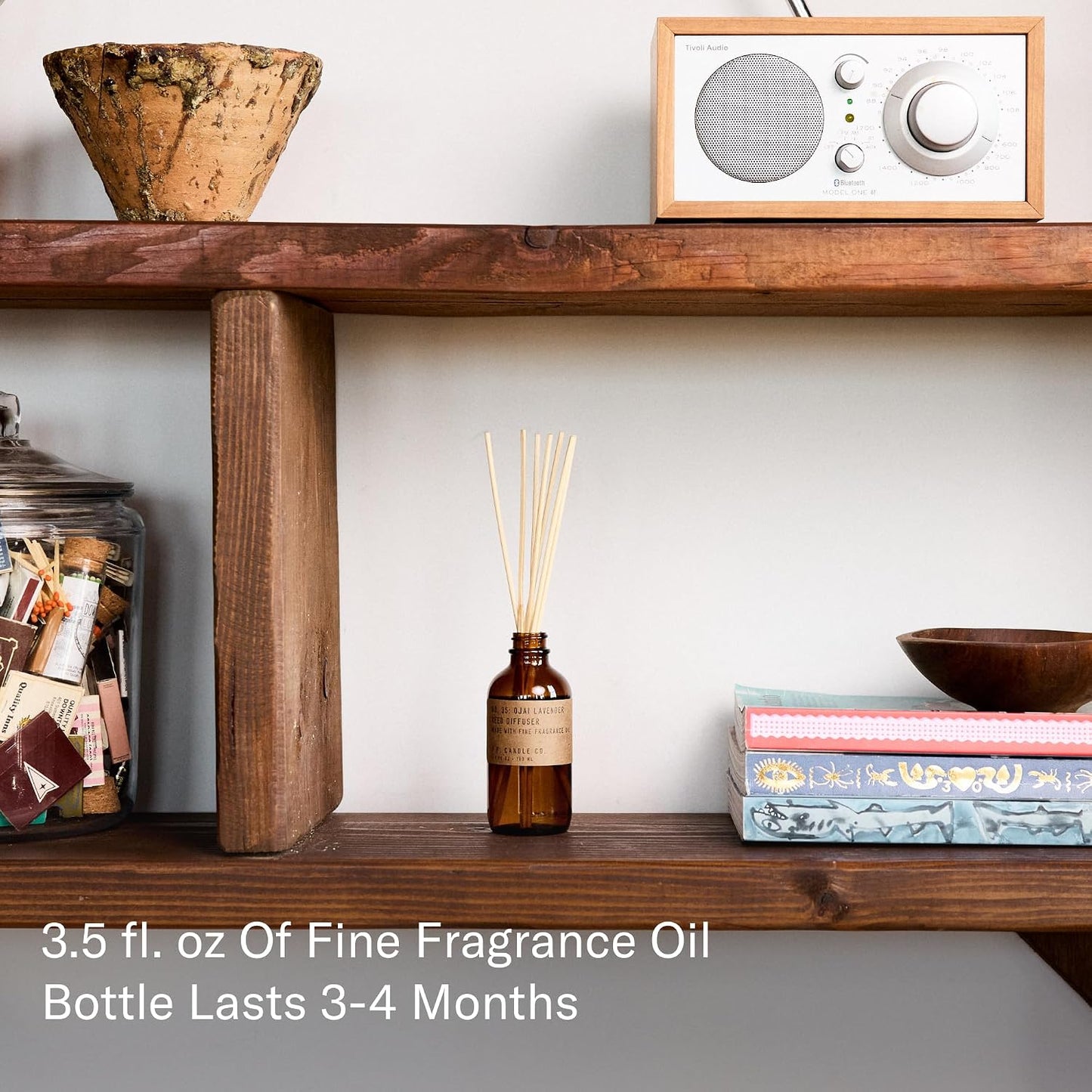 P.F. Candle Co. Ojai Lavender Classic Scented Rattan Reed Diffuser (3.5 fl oz) Amber Glass Jar, Fine Fragrance Oil, Flame-Free Fragrance, Made in The U.S.A.