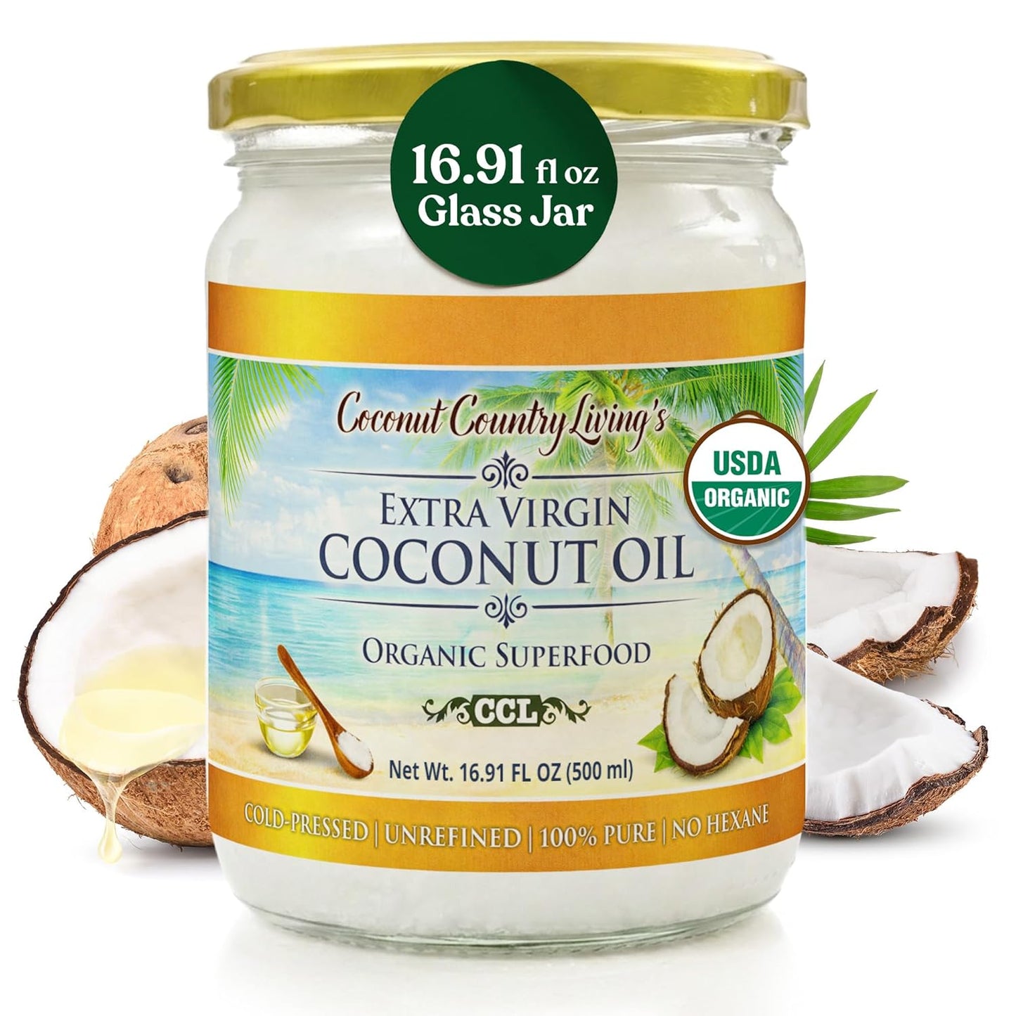 Organic Extra Virgin Coconut Oil - Unrefined Organic Cold Pressed | Ideal For Hair, Skin, Cooking, Body Massage, Beauty and Oil Pulling| Keto & Paleo Cooking Oil - 16.91 oz Coconut oil in Glass Jar