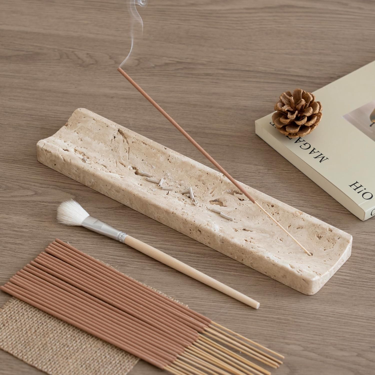 Marble Incense Holder Burner-Natural Stone Stick Incense Tray with Ash Catcher，20 Sticks & Brush - Elegant Decor for Meditation, Yoga, Home,Gift(Beige Travertine)