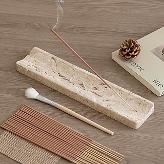 Marble Incense Holder Burner-Natural Stone Stick Incense Tray with Ash Catcher，20 Sticks & Brush - Elegant Decor for Meditation, Yoga, Home,Gift(Beige Travertine)