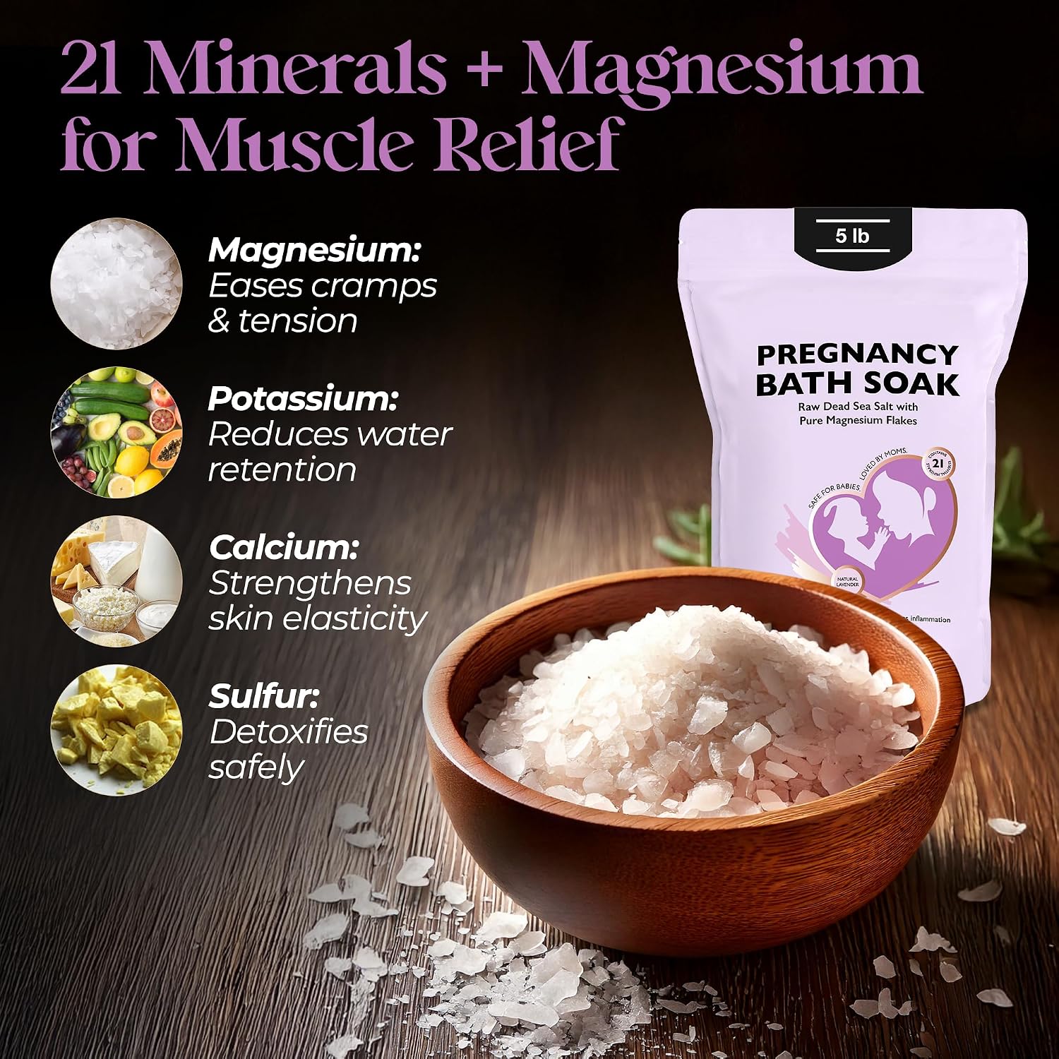 Aromasong Dead Sea Pregnancy Bath Soak 5 LB - Natural Lavender Pure Magnesium Flakes & Minerals - Pregnancy, Postpartum Muscle Ache & Leg Discomfort - Better Absorbs Than Epsom (Packaging May Vary)