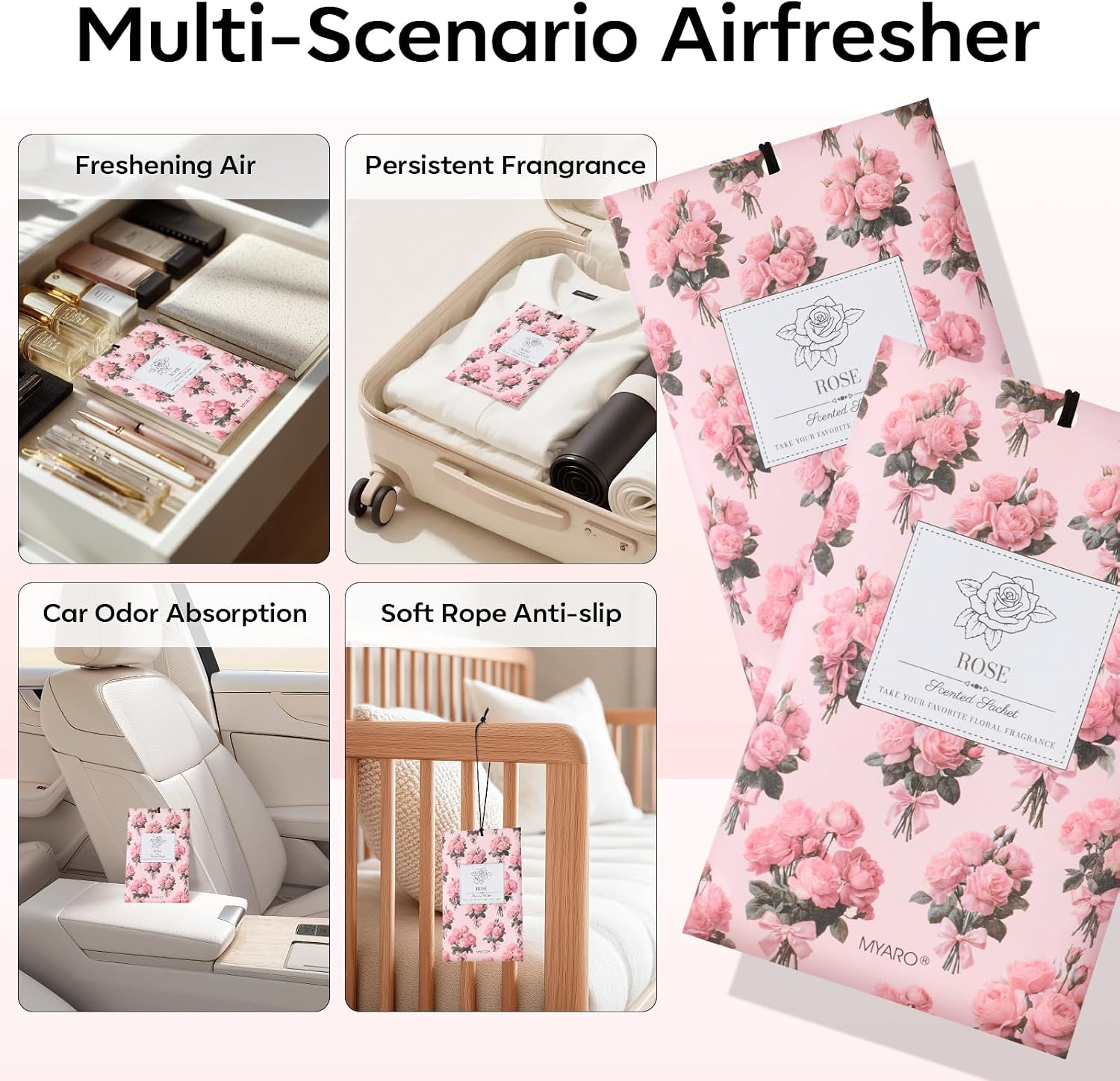 MYARO 20 Pack Rose Scented Sachets for Drawer, Closet & Car - Fresh Air Freshener Bags Home Fragrance, Odor Eliminator for New House Small Storage Space & Travel Luggage