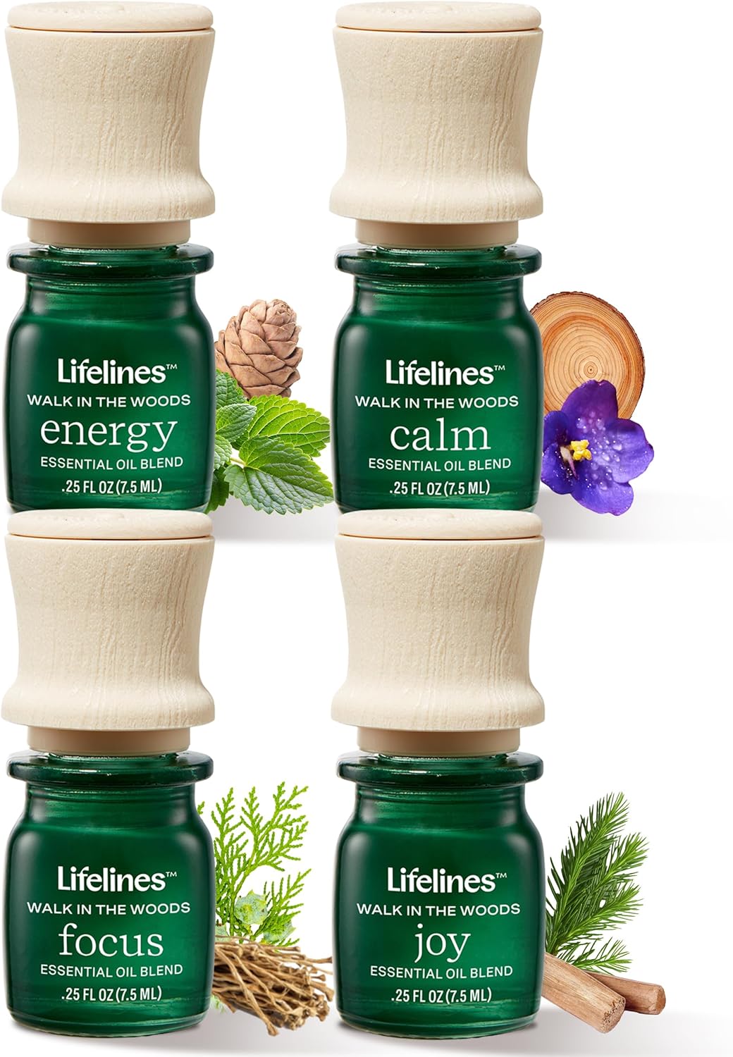 Lifelines Essential Oil Blends, 4-Pack - Blended Essential Oils with Precision Pump for Aromatherapy Diffusers - Long-Lasting Scented Fragrance - Walk in The Woods (Joy, Calm, Focus & Energy)