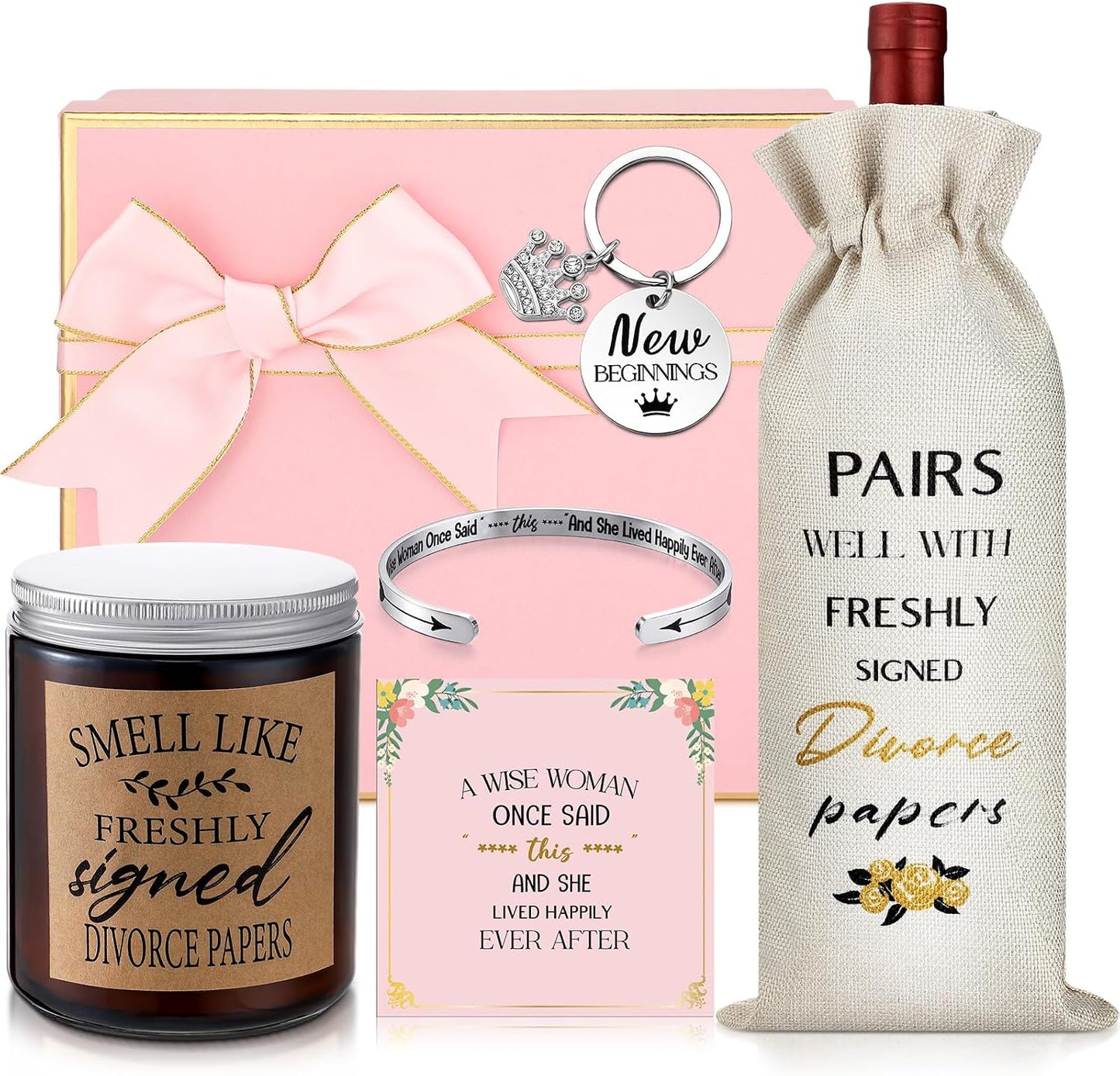 Quelay 7 Pcs Divorce Gifts Box for Women Divorce Party Gifts Breakup Candles New Beginnings Keychain Wine Bag Bracelet for Newly Divorced Woman