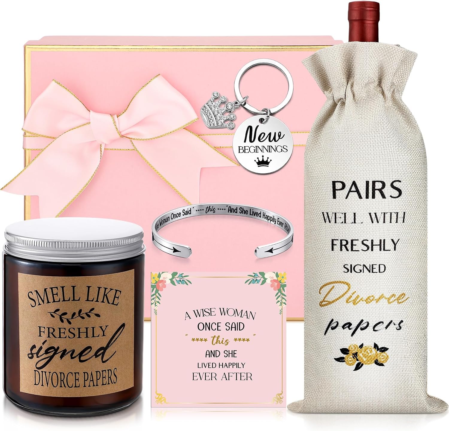 Quelay 7 Pcs Divorce Gifts Box for Women Divorce Party Gifts Breakup Candles New Beginnings Keychain Wine Bag Bracelet for Newly Divorced Woman