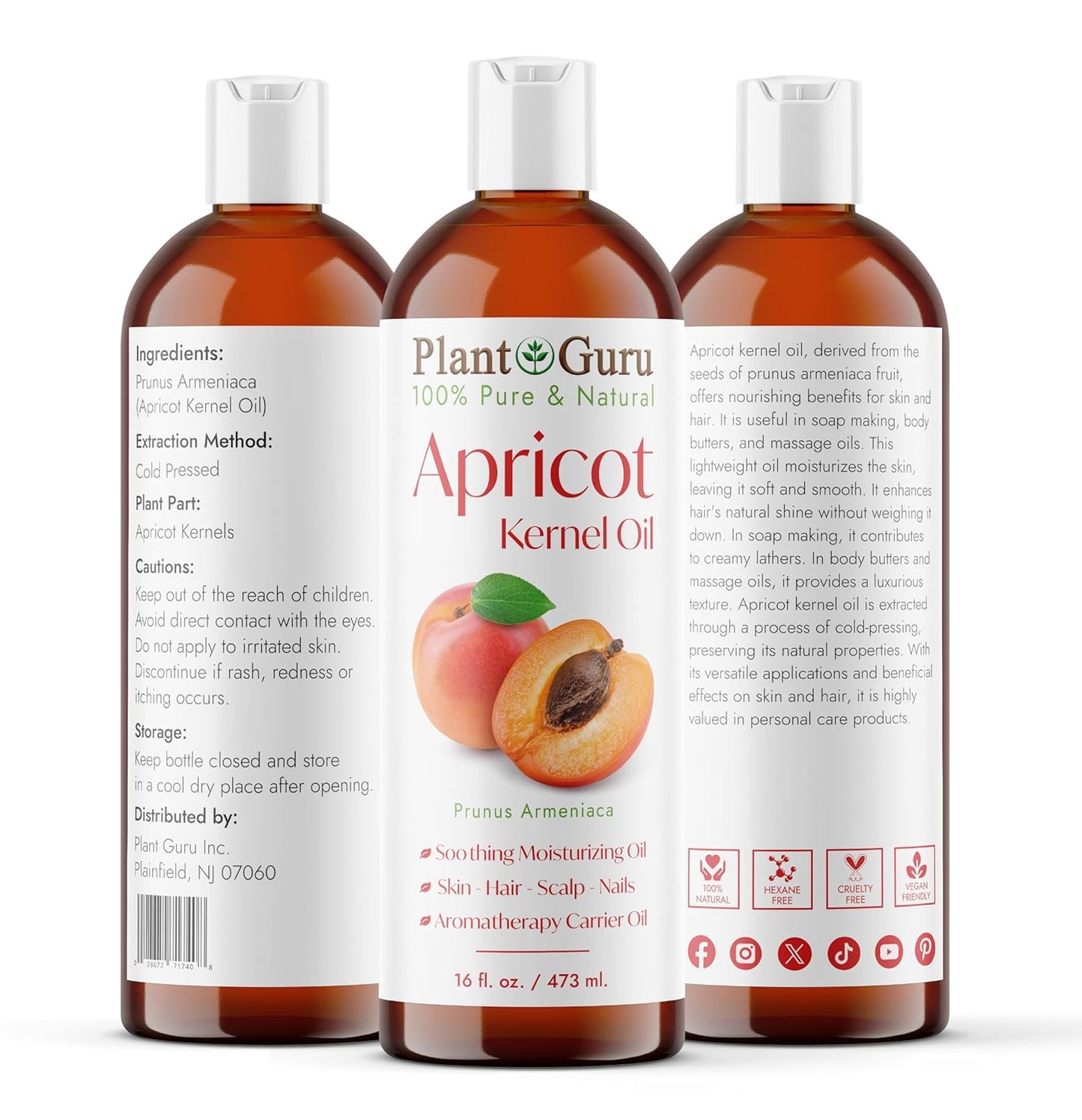 Apricot Kernel Oil 16 fl. oz. Cold Pressed 100% Pure Natural Carrier - Skin, Face, Body And Hair Growth Moisturizer. Great For DIY Cream, Lotions and Lip balm.