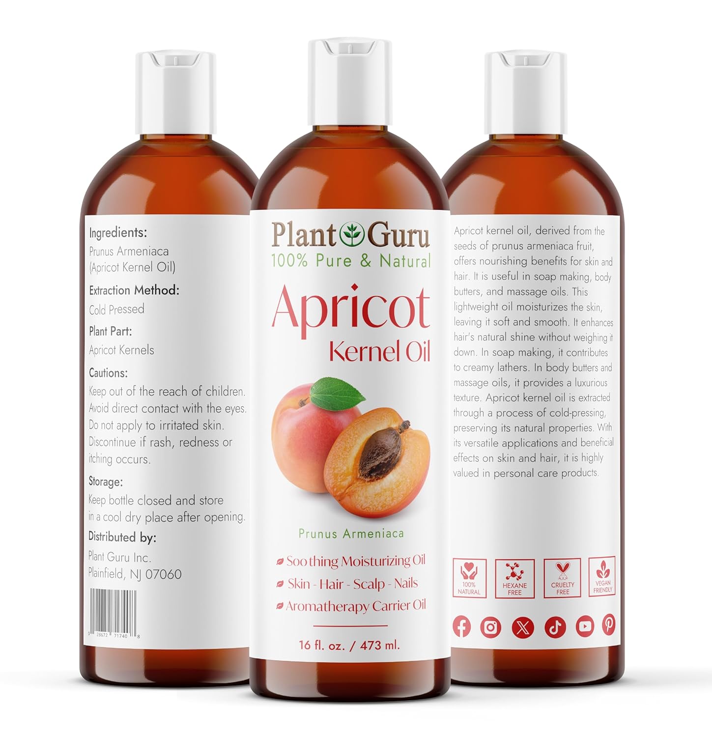 Apricot Kernel Oil 16 fl. oz. Cold Pressed 100% Pure Natural Carrier - Skin, Face, Body And Hair Growth Moisturizer. Great For DIY Cream, Lotions and Lip balm.