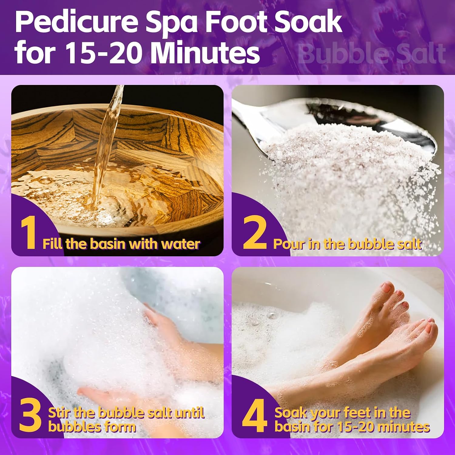 Pedicure Foot Soak, Foot Spa Soak, Pedicure Kit, Bubble Foot Bath for Tired & Dry Cracked Feet 16 Packs A Box, Lavender
