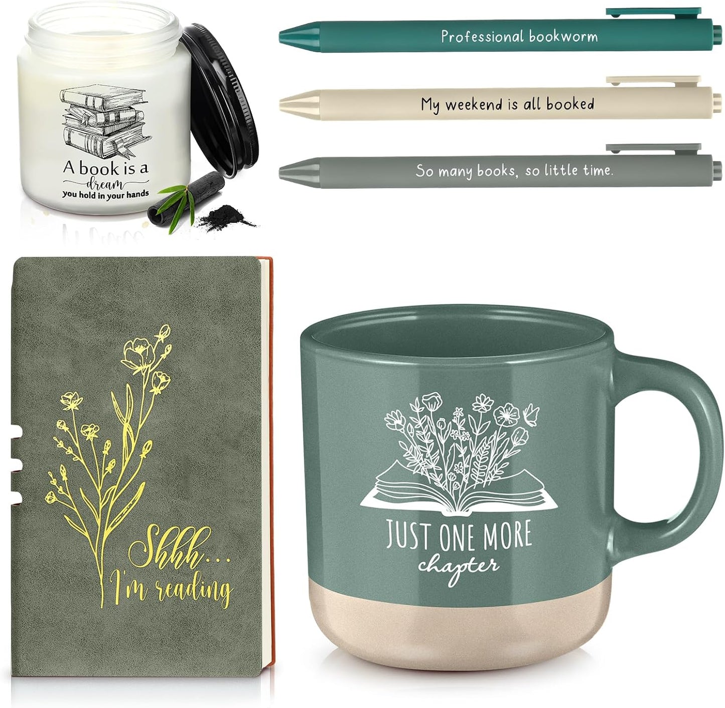 Baderke Book Lover Gifts for Women Men 6 Pcs Bookish Reading Accessories A6 Notebook Ballpoint Pen Ceramic Cup Candle Book Club Gift for Bookworm Reader Librarian Teacher(Green)