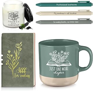 Baderke Book Lover Gifts for Women Men 6 Pcs Bookish Reading Accessories A6 Notebook Ballpoint Pen Ceramic Cup Candle Book Club Gift for Bookworm Reader Librarian Teacher(Green)