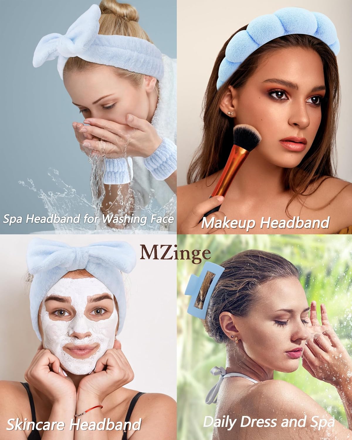 5 Pcs Spa Headbands for Wash Face, Makeup Headband, Facial Skincare Headbands, Puffy Sponge Spa Headband Bow Tie Hair Band Hair Clips Wristband Set Women Girls (Blue)