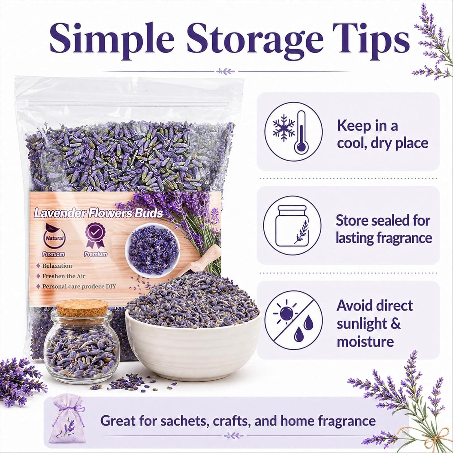Sukh 3OZ Dried Lavender Flowers - Lavender Buds Sachets Bags for Drawers Closets Fresh Scents Lavenders Sachet Bags Dried Flowers for Patry Birthday Bridal Shower Organic Bulk