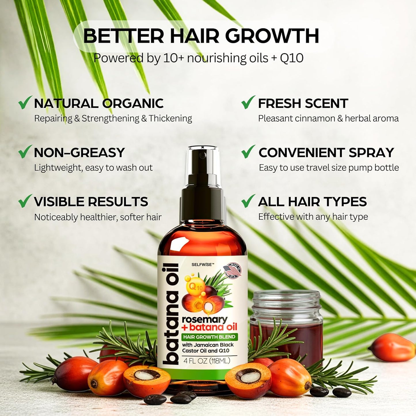 SELFWISE Batana Oil for Hair Growth Oil with Rosemary Castor, 100% Pure, Organic, Cold-Pressed, Unrefined Batana from Honduras by Dr. Sebi - Natural, Vegan, for Strong Roots and Thick Hair, 4oz