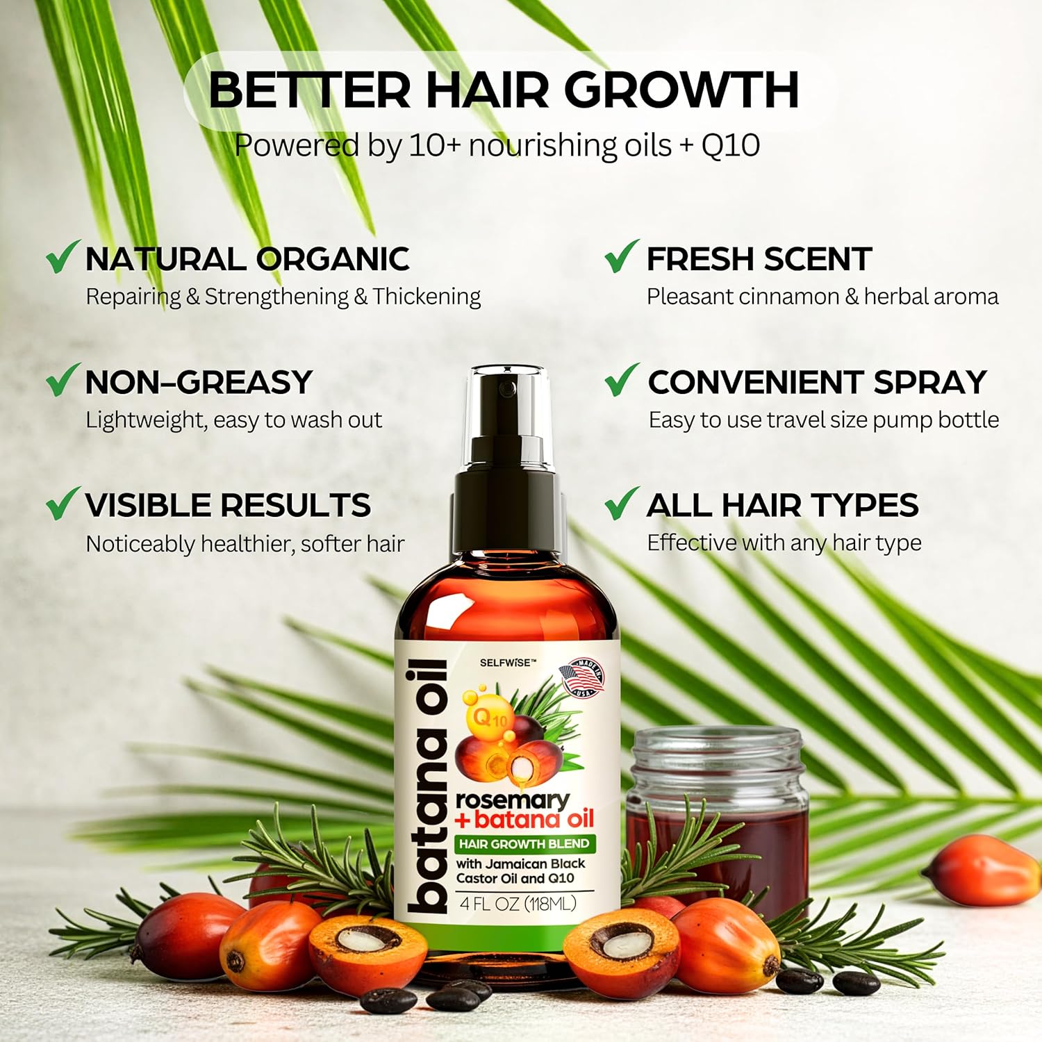 SELFWISE Batana Oil for Hair Growth Oil with Rosemary Castor, 100% Pure, Organic, Cold-Pressed, Unrefined Batana from Honduras by Dr. Sebi - Natural, Vegan, for Strong Roots and Thick Hair, 4oz