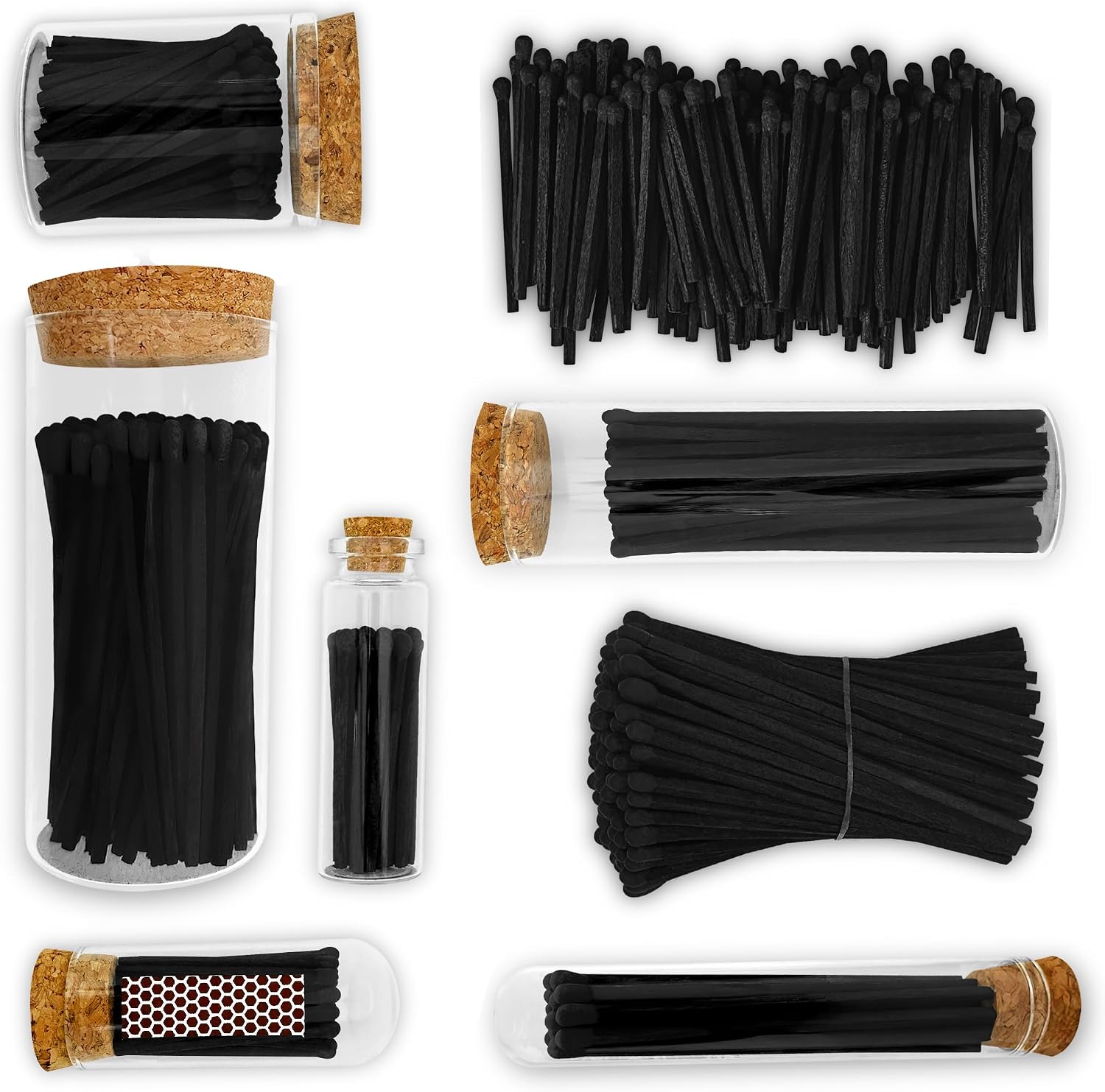 Decorative Matches in a Glass Jar | 4" All Black Long Matches (100 Match Sticks) + Cork Top Glass Holder + Striker Stickers | Gifts, Décor, & Candle Accessories | by Thankful Greetings, USA