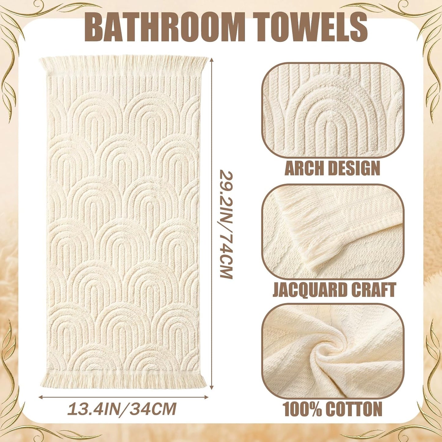 Tingjoo Decorative Hand Towels Bathroom 4 Pack Soft Boho Cotton Turkish Absorbent Face Towel Set for Boho Bathroom Decor Soft Kitchen Hotel Spa Farmhouse Guest Tea Gift(Beige)