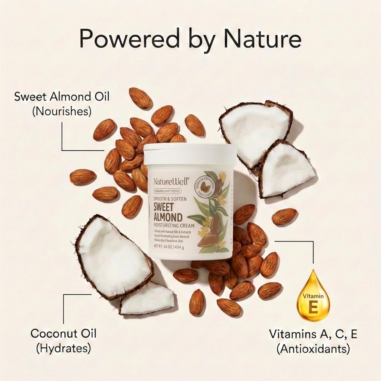 NATURE WELL Sweet Almond Body Cream, Moisturizing Cream for Dry & Sensitive Skin, Hydrating Body Moisturizer with Natural Oils & Extracts, Coco-Almond Scent, Dermatologist Tested, 16 Oz