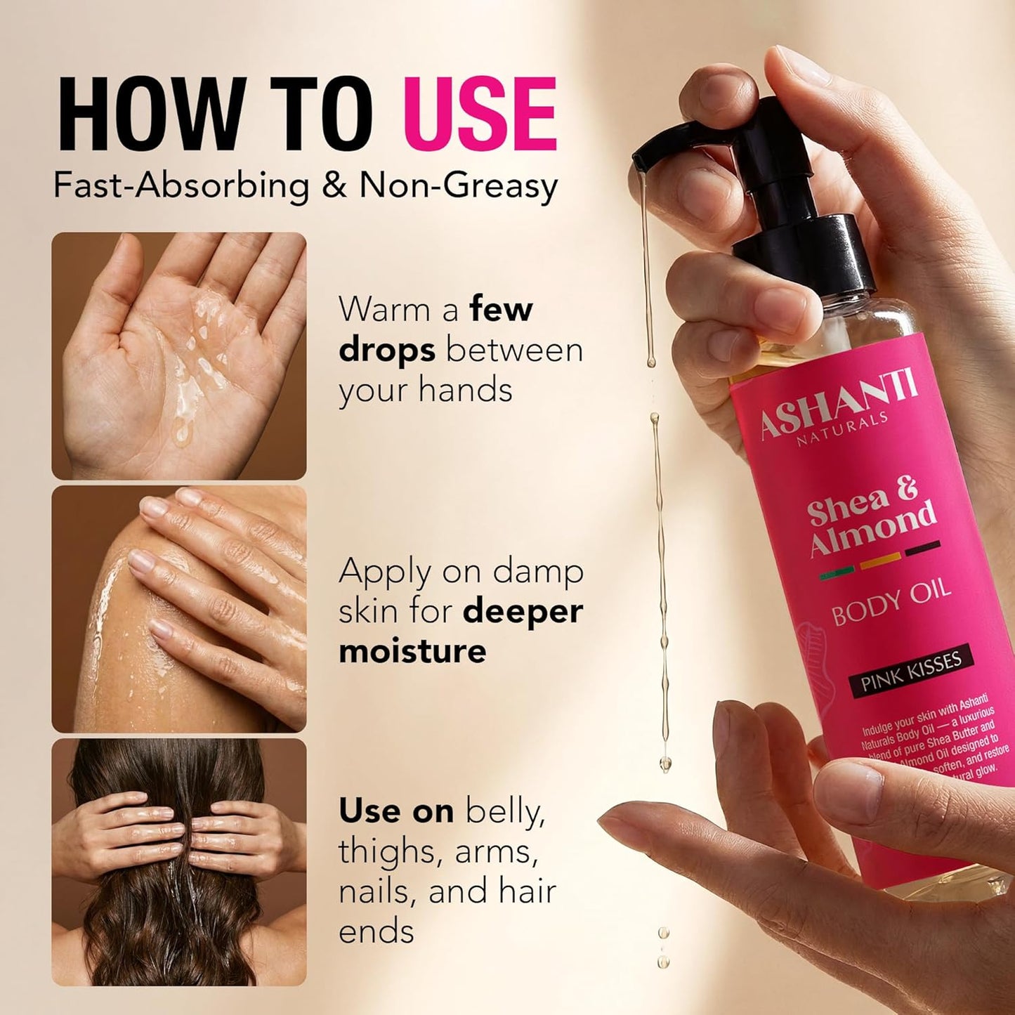 Ashanti Naturals Pure Shea and Sweet Almond Oil for Hair and Skin | Moisturizing Body Oil for Dry Skin, Scalp and Hair [Fragrance: Pink Kisses, 4 oz]