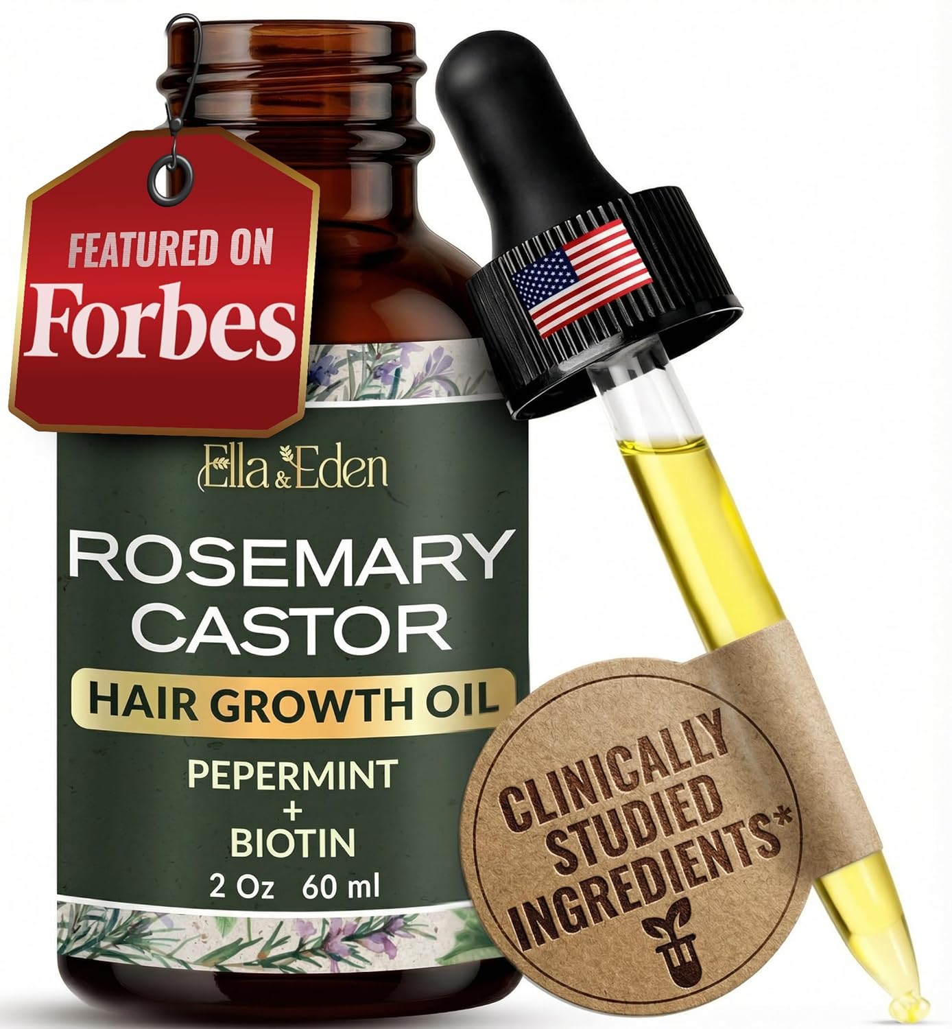 Ella & Eden Hair Growth Oil with Rosemary, Castor, Peppermint Oils & Biotin - Dry Scalp Treatment - Strengthening, Repairing, Soothing - 2 Fl Oz Glass Bottle
