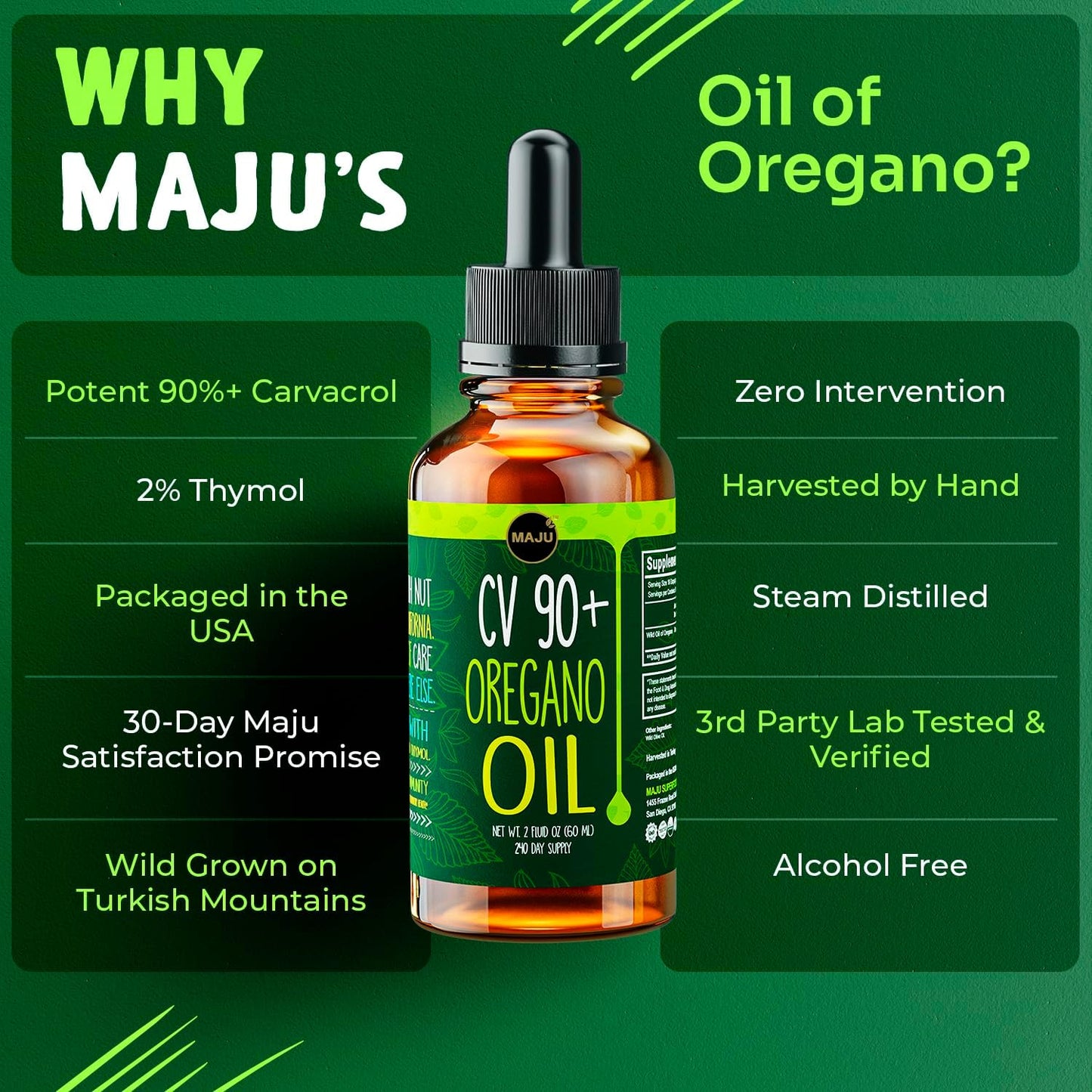 MAJU Oregano Oil Drops - Potent 90%+ Carvacrol (2 fl Oz) Wild Mediterranean Essential Oil of Oregano Liquid, Aceite de Oregano, Immune and Seasonal Support