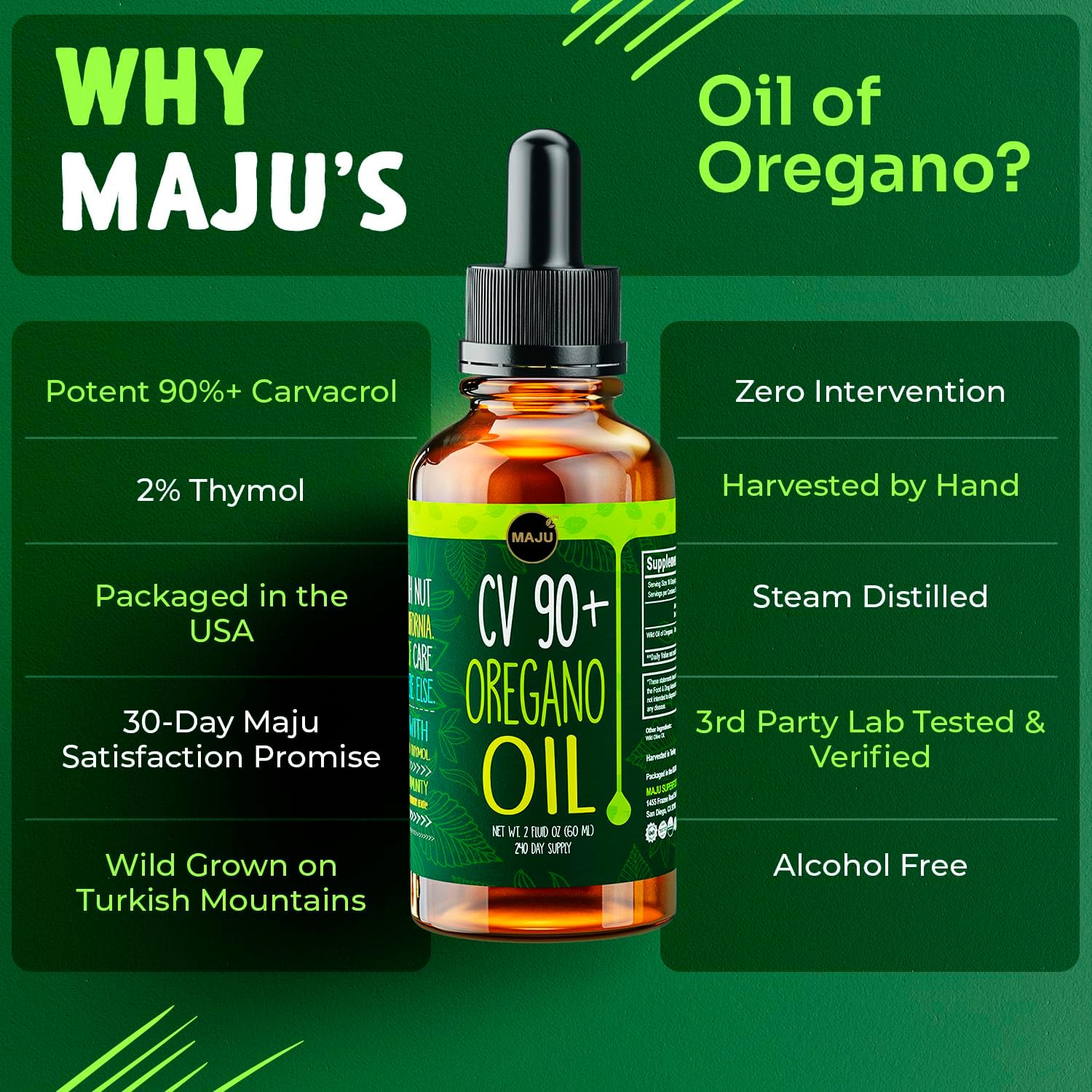 MAJU Oregano Oil Drops - Potent 90%+ Carvacrol (2 fl Oz) Wild Mediterranean Essential Oil of Oregano Liquid, Aceite de Oregano, Immune and Seasonal Support