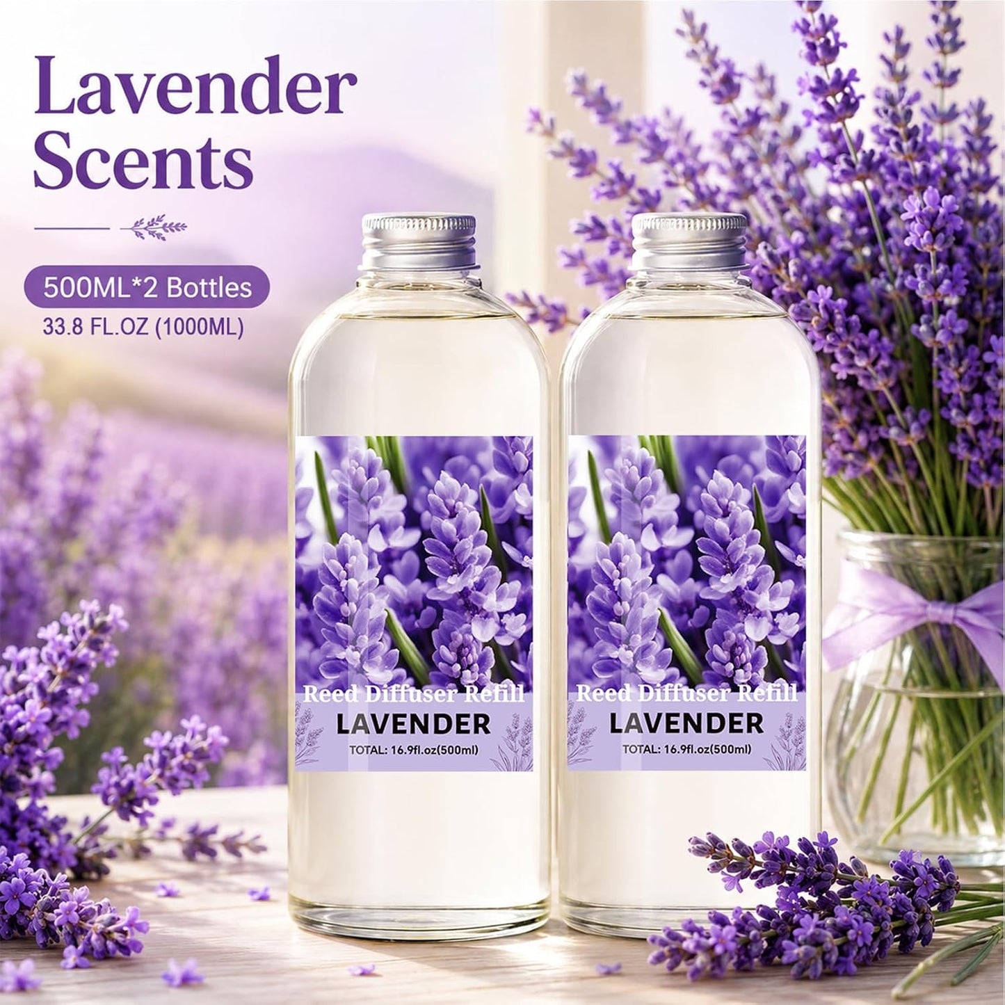 STRN Lavender Reed Diffuser Refill 1000ml Large Capacity with 12 Reed Sticks, Summer Aromatherapy for Home, Long-Lasting Fragrance for Living Room, Bedroom, Office, Bathroom