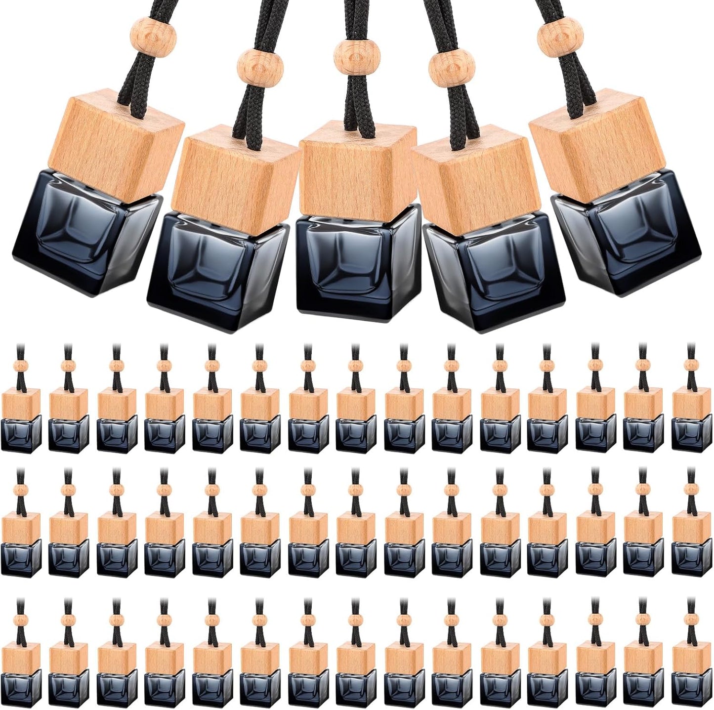 50 Pcs Hanging Car Air Freshener Car Diffuser Empty Glass Perfume Bottle Freshener Diffuser Pendant for Essential Oil Fragrance Aromatherapy Ornament (Black,Cube)
