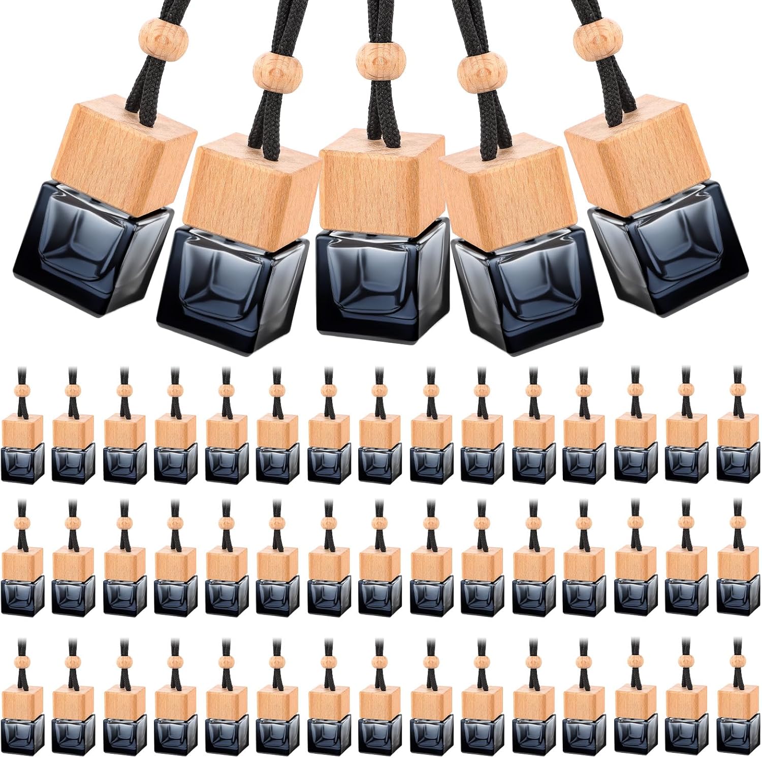 50 Pcs Hanging Car Air Freshener Car Diffuser Empty Glass Perfume Bottle Freshener Diffuser Pendant for Essential Oil Fragrance Aromatherapy Ornament (Black,Cube)