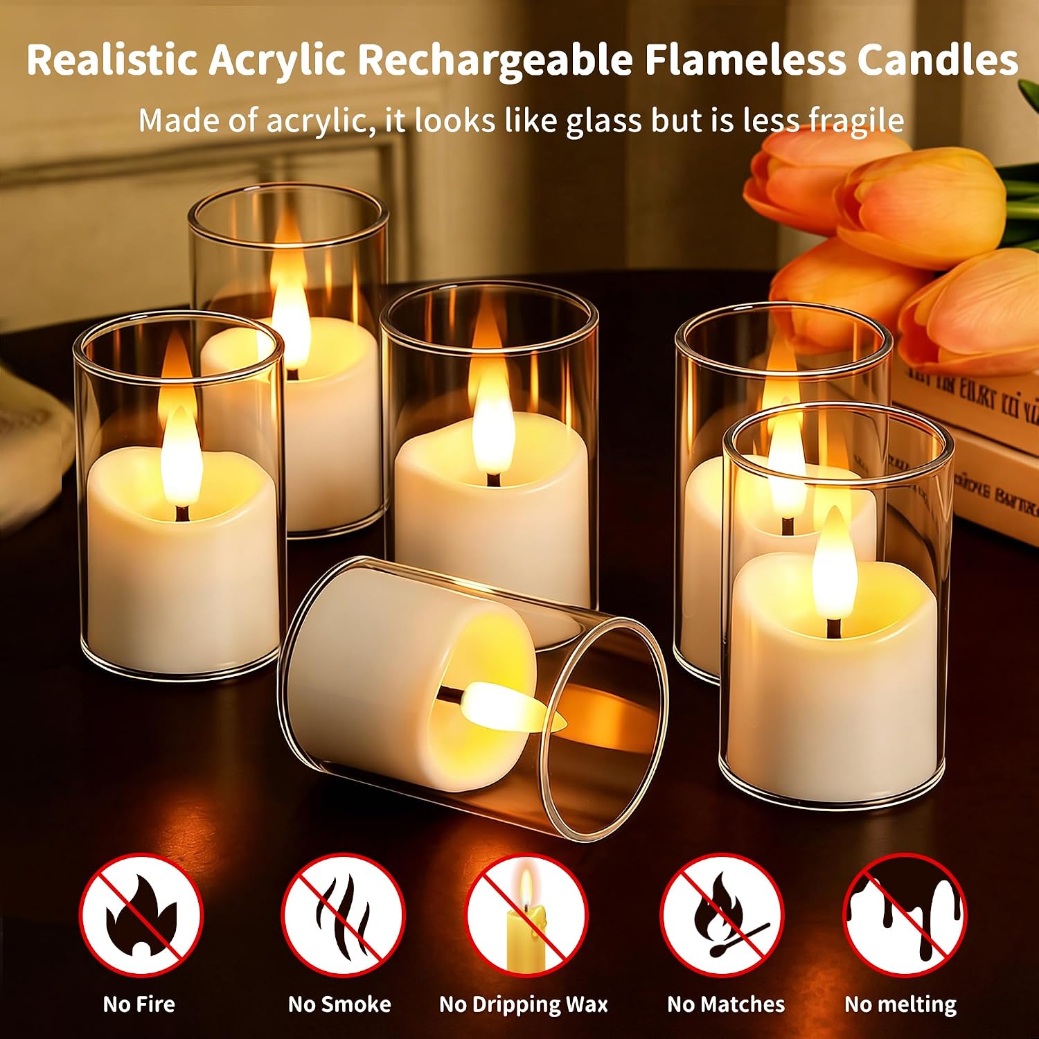 Rechargeable Flameless Candles with Timer Remote, 1.7"x2.6" Clear Acrylic LED Tea Lights Candles，Small Votive Electric LED Candles for Home Aniversary Wedding Holiday Decor(12 Pack)