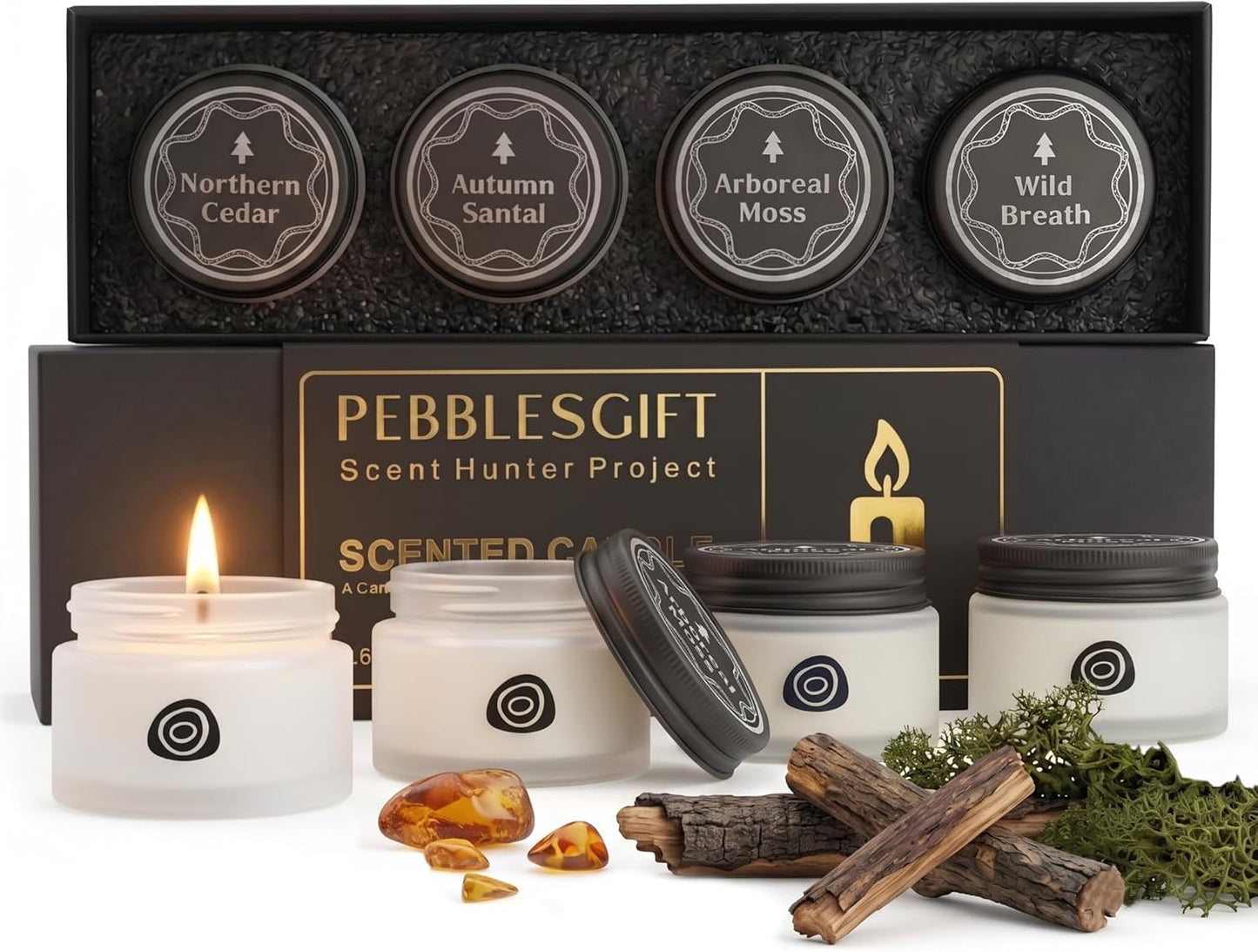 Scent Hunter Woody Scented Candle Gift Set - 4 Pack 6.4oz(1.6 * 4) Natural Soy Wax Candles for Home Scented - Stress Relief & Meditation Forest Fragrance Aromatherapy Candles for Men & Women Gift