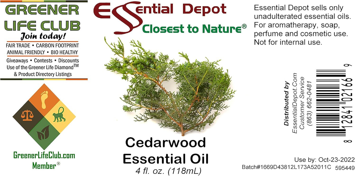Essential Depot Cedarwood Essential Oil - GC/MS Tested - Supplied in 4 oz. Amber Glass Bottle with Black Phenolic Cone Lined and Safety Sealed Cap