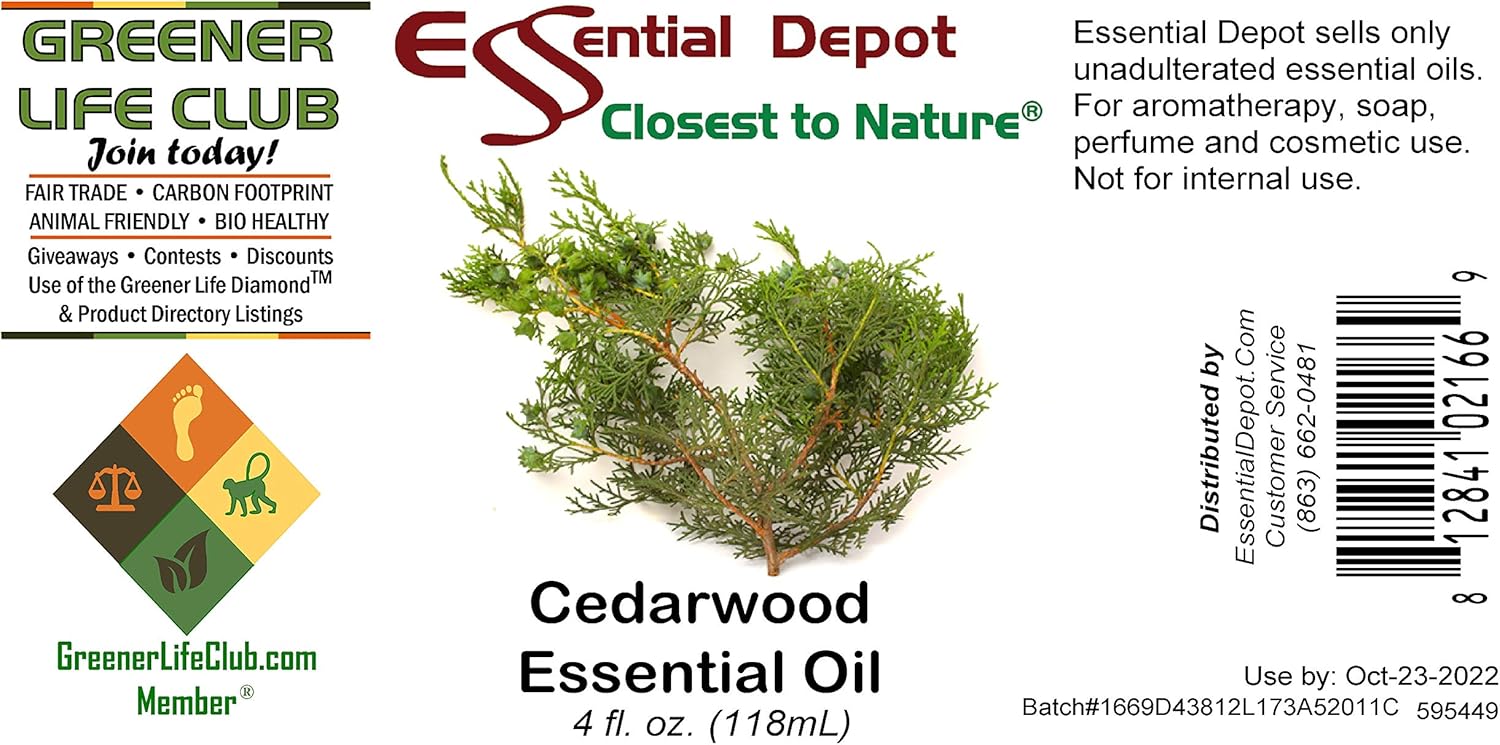 Essential Depot Cedarwood Essential Oil - GC/MS Tested - Supplied in 4 oz. Amber Glass Bottle with Black Phenolic Cone Lined and Safety Sealed Cap