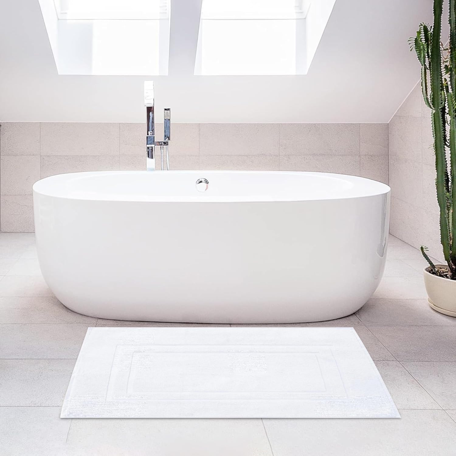 Feather & Stitch 2 Piece Towel Like Bath Mats (30x21 Inch) 100% Cotton Terry Bath Mats, Bathroom Shower Floor Mats [NOT A Bathroom Rug], Soft Absorbent Washable Mats - White