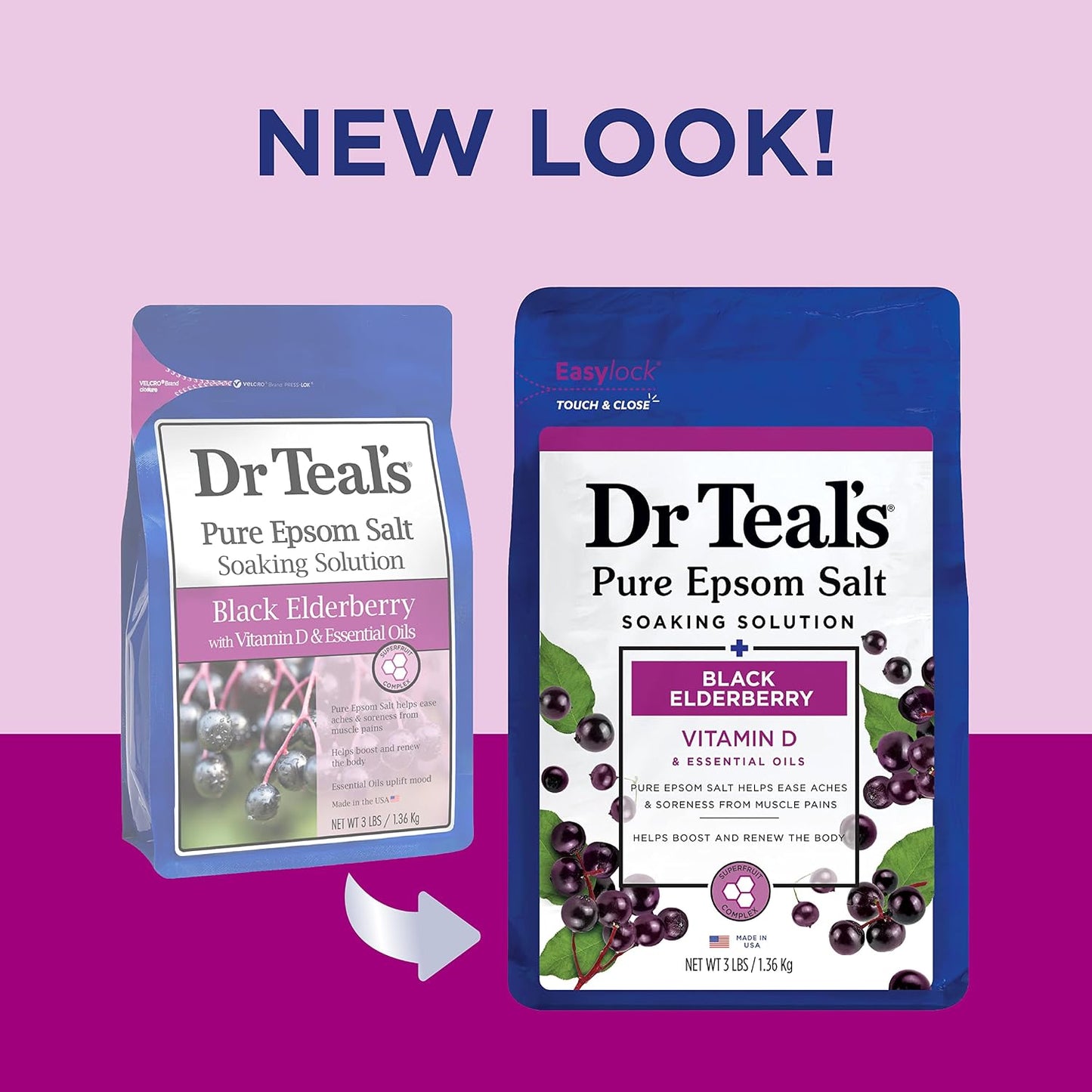 Dr Teal's Foaming Bath with Pure Epsom Salt, Black Elderberry with Vitamin D, 34 fl oz (Pack of 2) & Salt Soak with Pure Epsom Salt, Elderberry, 3 lbs